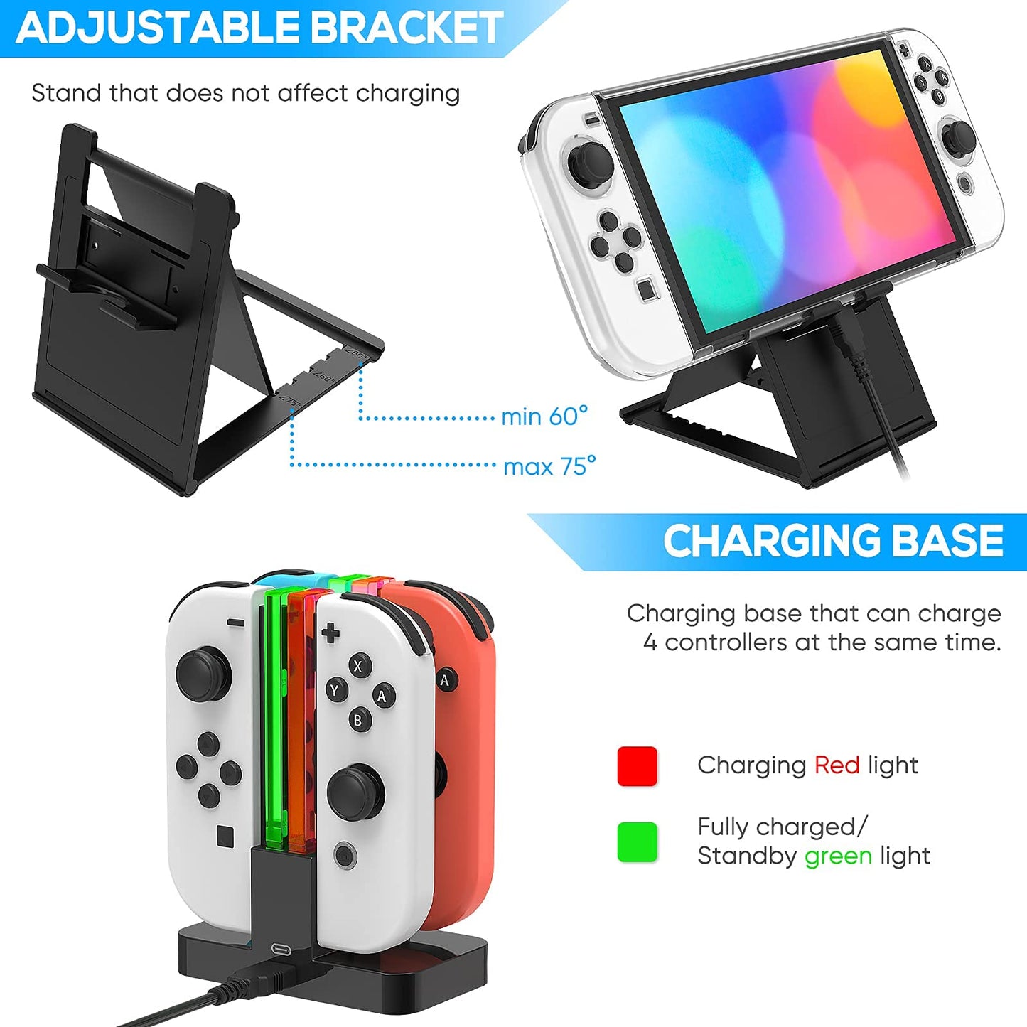 Accessory compatible with Nintendo Switch OLED model, carrying case, dock charger for controllers, adjustable game stand, screen protector, protective case, game cartridge.