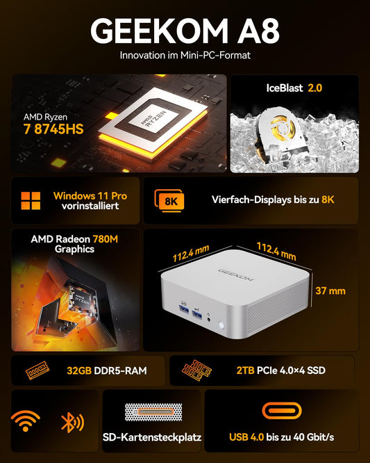 GEEKOM A8 Mini PC with AMD Ryzen 7 8745HS (3-year warranty), 32GB DDR5 & 1TB SSD Windows 11 Pro Mini Computer, AMD Radeon 780M | 6x USB | 8K | IceBlast 2.0 Cooling System | Compact Desktop PC for Home Office.