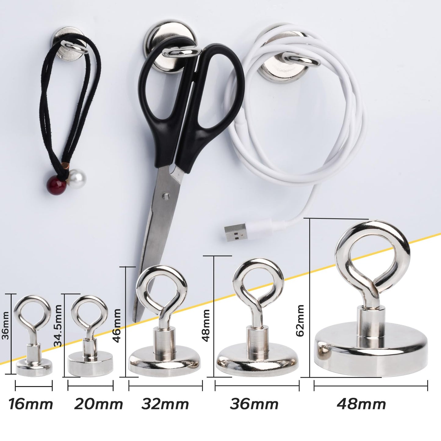 MIN CI 8 Pack Magnetic Hooks, 32mm Neodymium Magnets with 36kg(79lbs) Pulling Force, Eyelet Magnet Hook Magnetic Holder Round Magnet Hooks for Camping Garage Kitchen Office