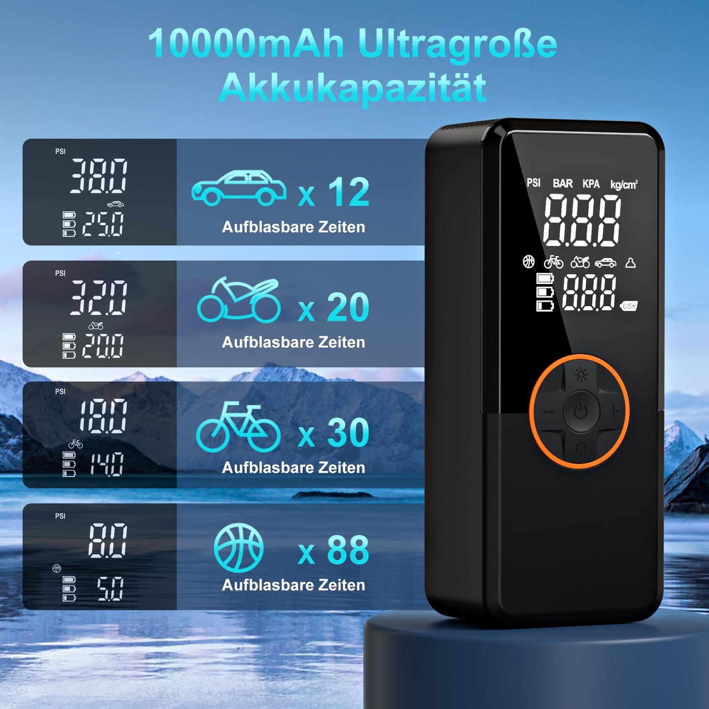 Electric air pump, electric pump with 10000mAh battery, 150PSI portable mini compressor with pressure gauge, electric bike pump with digital LCD screen for bikes, motorcycles, cars & balls.