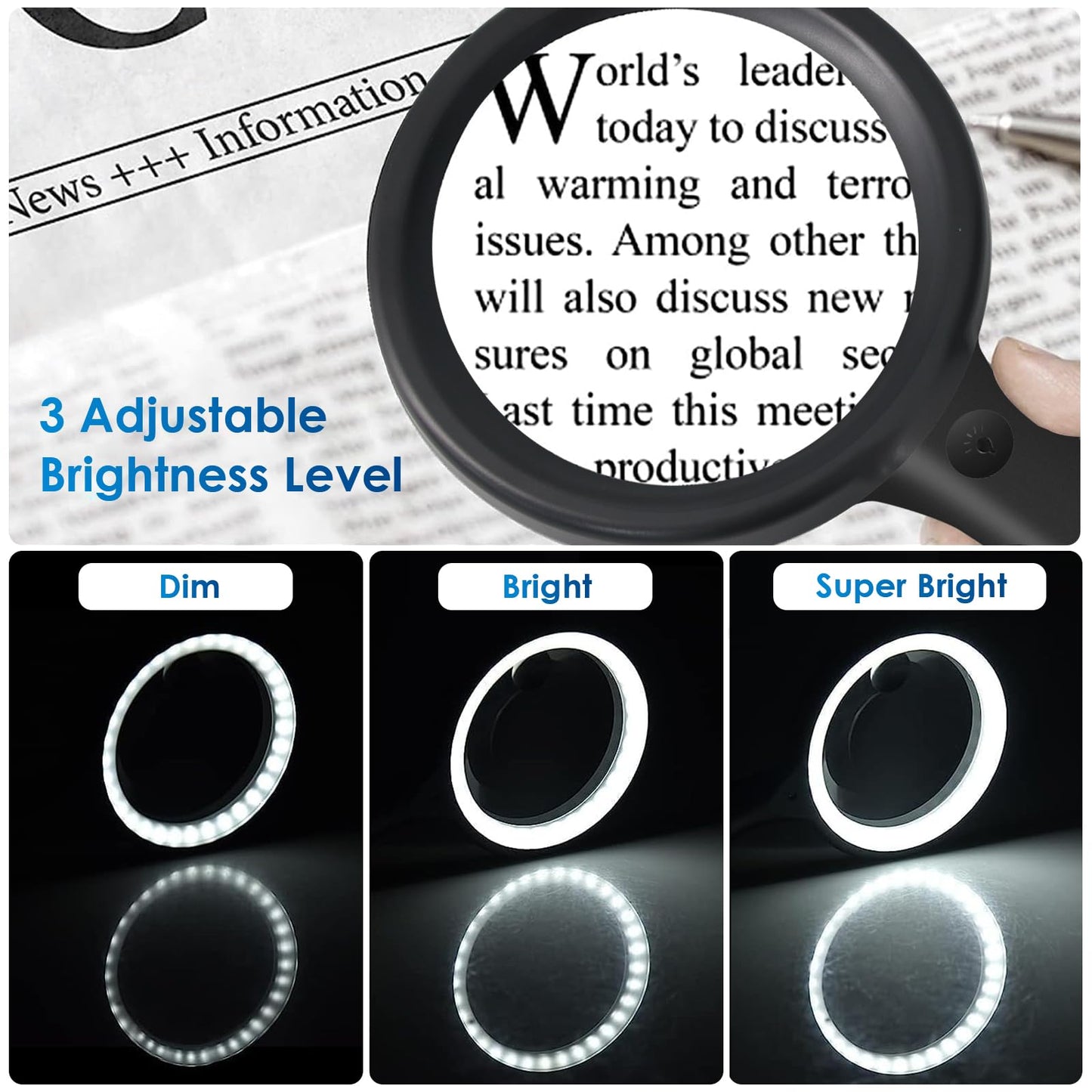 Magnifying Glass with Light, 60X 30X 33 LED Handheld Magnifier 30X Reading Magnifier with Light, USB Rechargeable Magnifier 3 Modes Reading Magnifier for Seniors, Kids, Jewelers, Hobbies