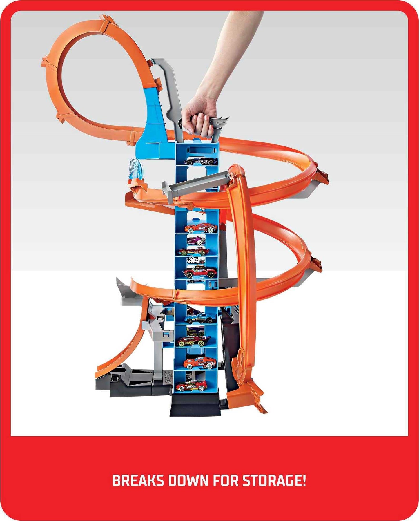 Hot Wheels Sky Crash Tower, 60cm tall with battery-powered booster and orange track with loop, gift for kids ages 5-10, variations in packaging may occur, GWT39.
