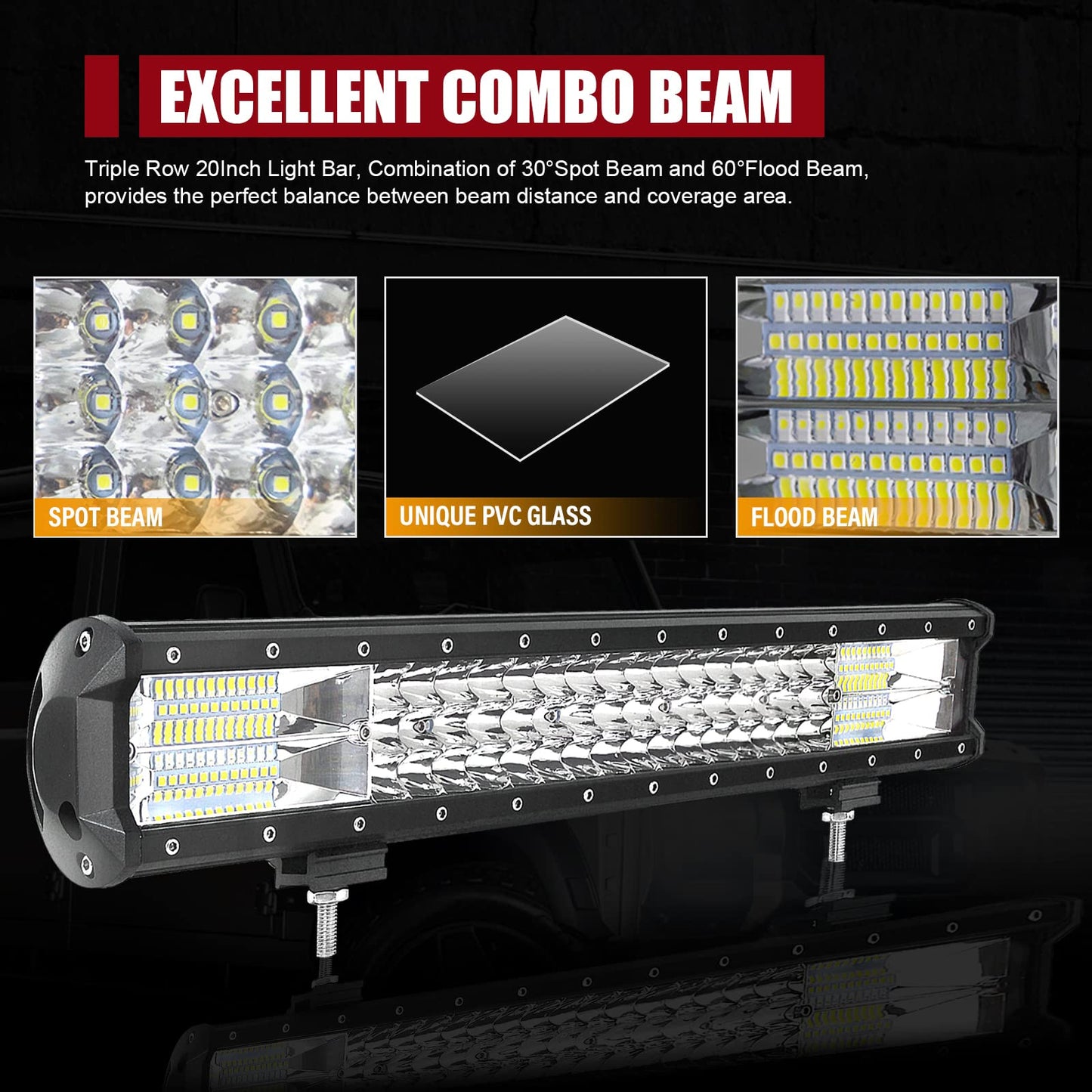 LED work light bar SKYWORLD 50cm 288W Lightbar LED spotlight combo auxiliary light 12V 24V + 2 x 10cm 18W off-road floodlight reverse lights with wiring harness for 4x4 trucks, cars, tractors, SUVs.