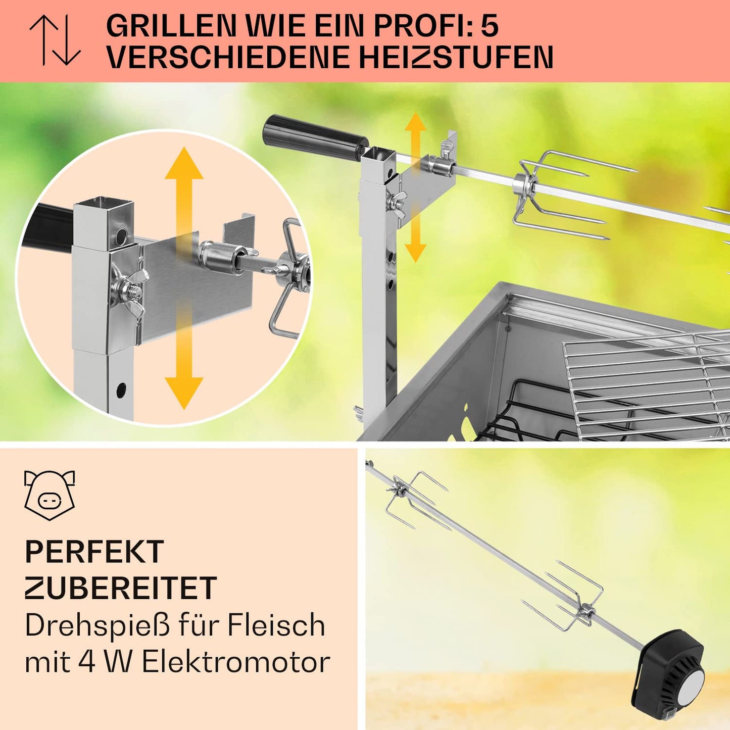 Klarstein 2-in-1 Rotisserie Grill with motor, mini, with rotating spit, electric spit grill for chicken & suckling pig, spit grill with stainless steel grate, charcoal grill with wheels.