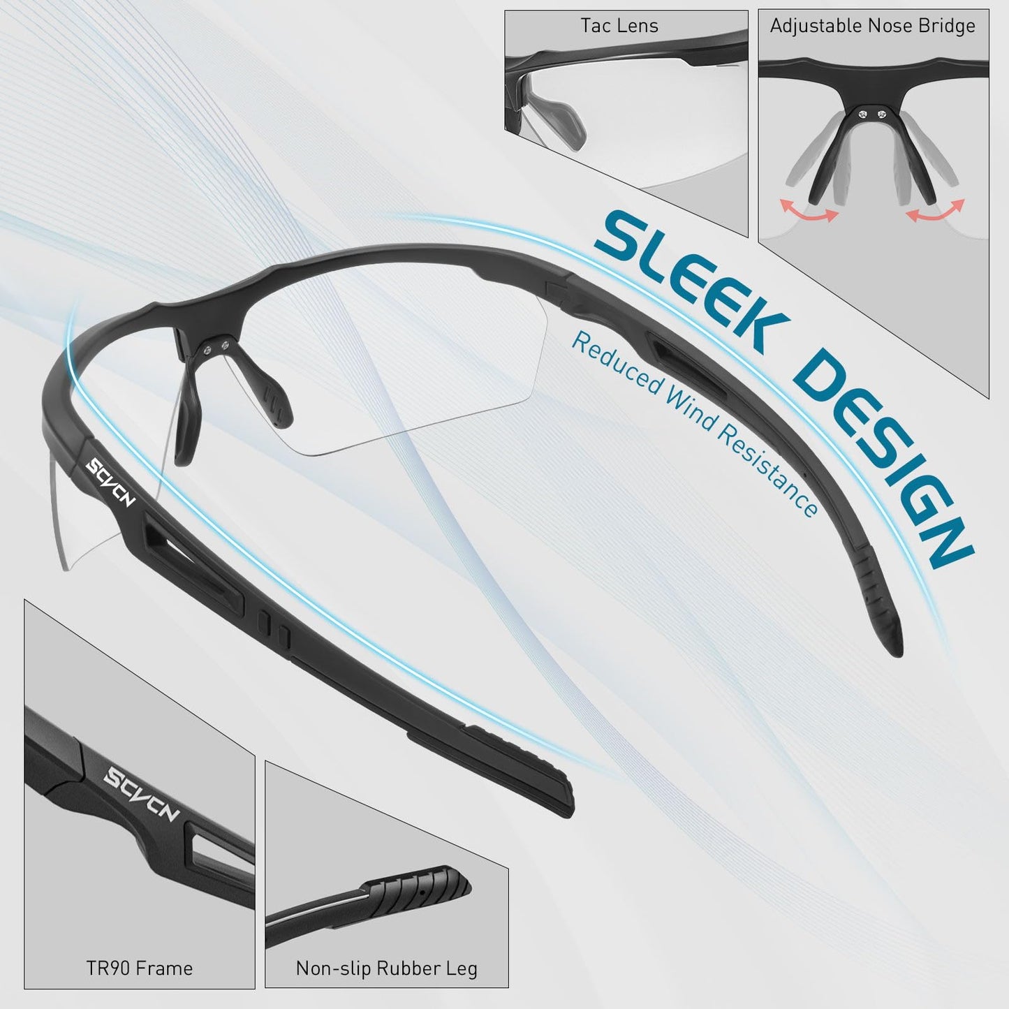 SCVCN Photochromic Self-tinting Cycling Glasses Men Women Sports Sunglasses Clear Cycling MTB Glasses Running Volleyball Tennis Driving Fishing Softball Mountain Climbing Golf Hiking 04