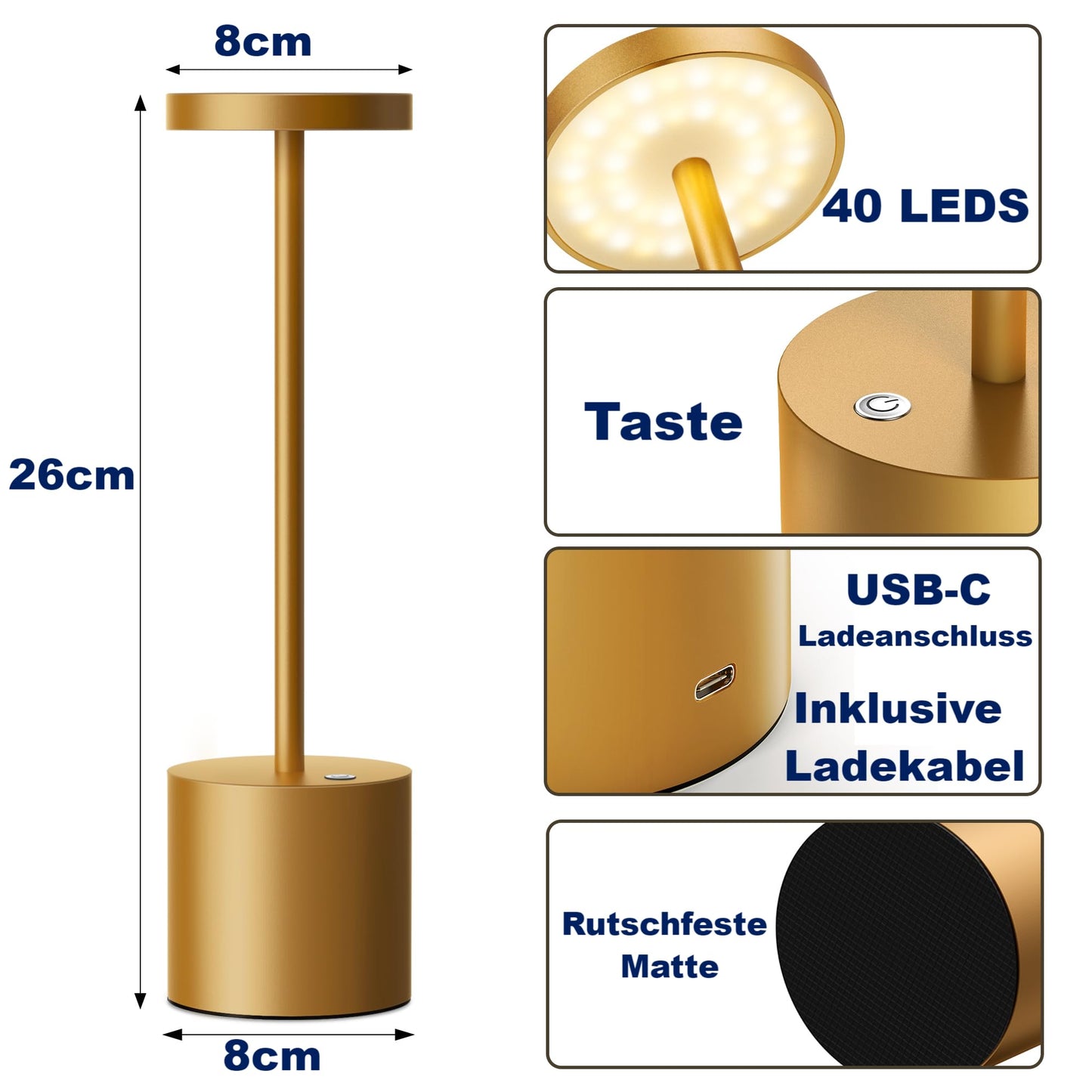 SLSMD Cordless Table Lamp, 5000mAh Metal Aluminum Dimmable LED Battery Table Light, Portable USB Rechargeable Bedside Lamp, Suitable for Indoor Outdoor Dining Room Bar Patio (2 Gold)