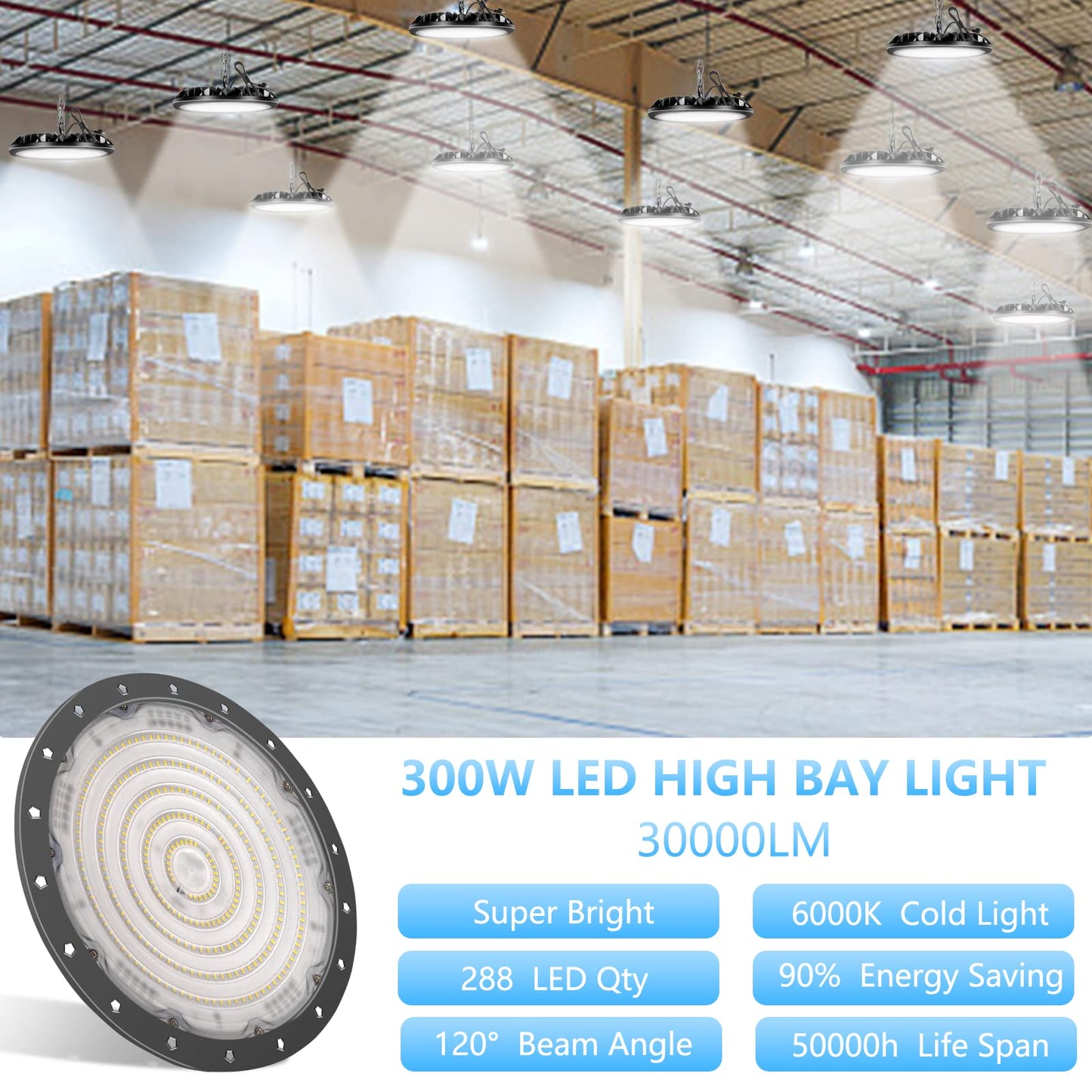 loyal 300W LED high bay light, 30000LM 6000K cool white UFO workshop lamp, IP65 waterproof LEDs industrial lamp for factories airport patio restaurant workshop