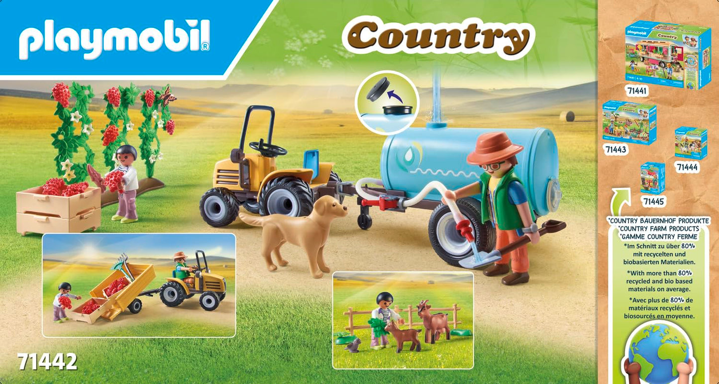 PLAYMOBIL Country 71442 Tractor with Trailer and Water Tank, fresh harvest on the farm, playful learning about the environment, sustainable toy for children ages 4 and up.