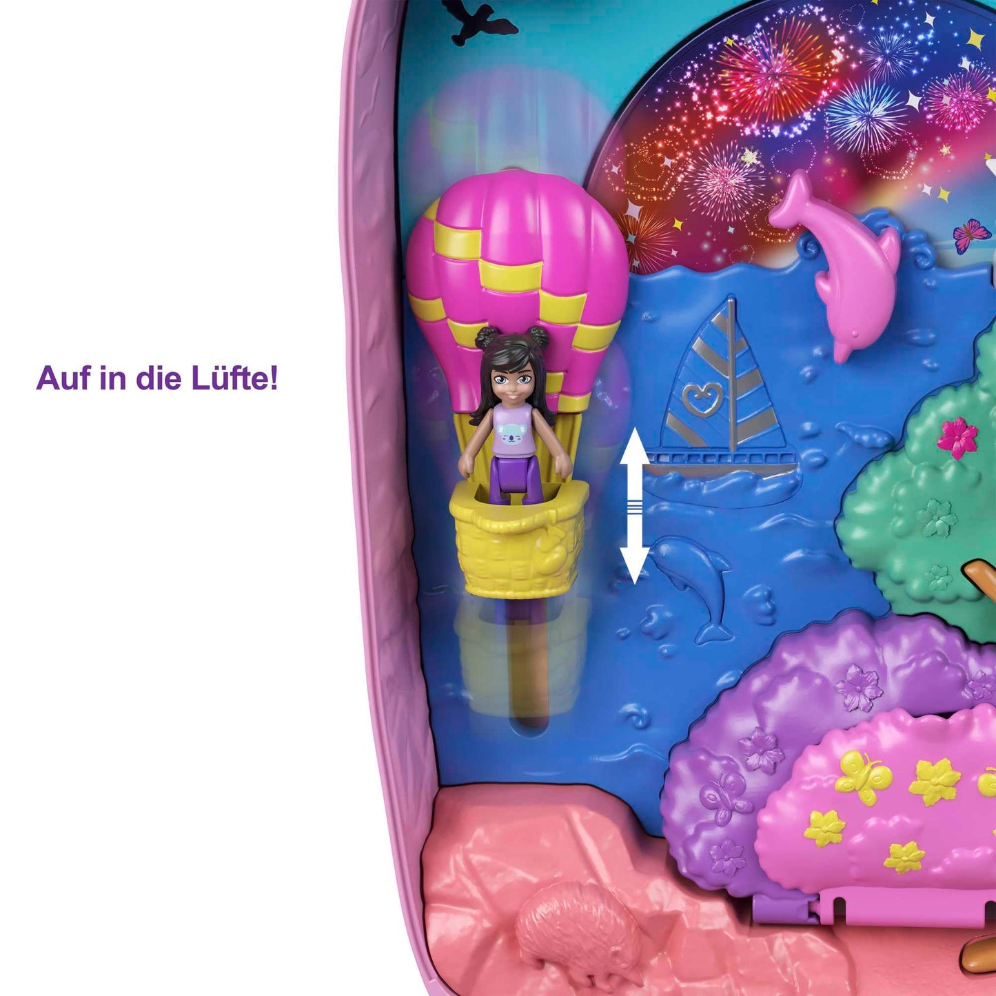 Polly Pocket carrying case, Koala Bear in animal adventure theme, includes 2 dolls, 5 animals, and 1 car, interactive features for immersive play, toy for ages 4 and up, GXC95.