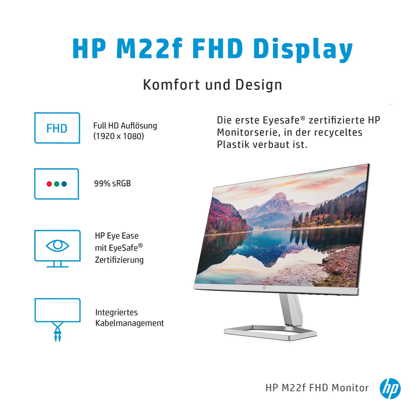 HP M22f Monitor - 21.5 inch screen, Full HD IPS display, 75Hz, 5ms response time, VGA, HDMI 1.4, silver/black.