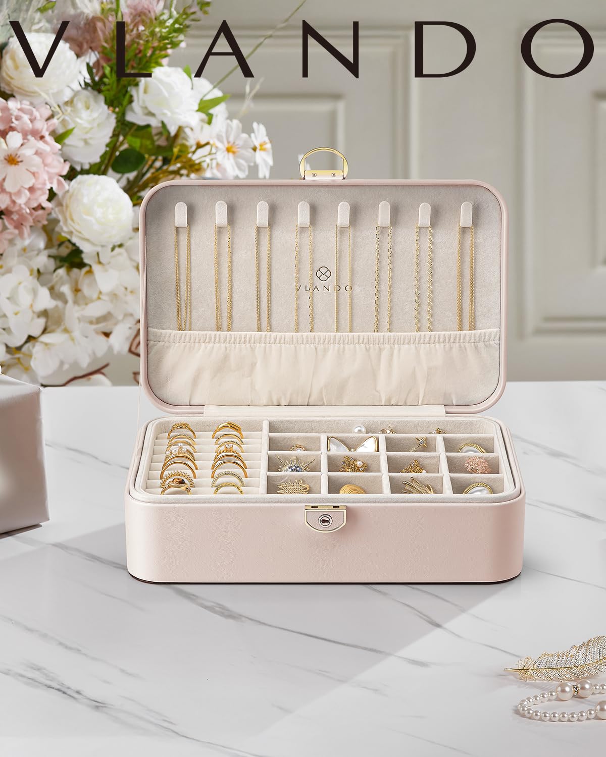 Vlando Jewelry Box for Girls Women, Double-Layer Jewelry Case, Lockable Jewelry Chest, Jewelry Storage Box for Rings Earrings Bracelets Necklaces, Jewelry Organizer.