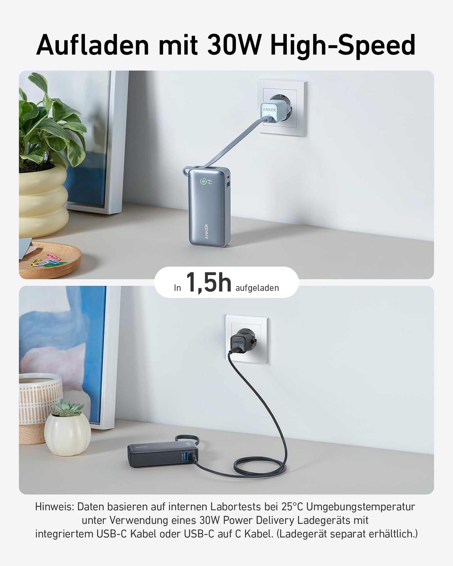 Anchor Nano Powerbank, 10,000mAh power bank with built-in USB-C cable, PD 30W maximum power with 1xUSB-C, 1xUSB-A, for iPhone 17/16/15/14, MacBook, Galaxy, iPad, AirPods, and more (Black)