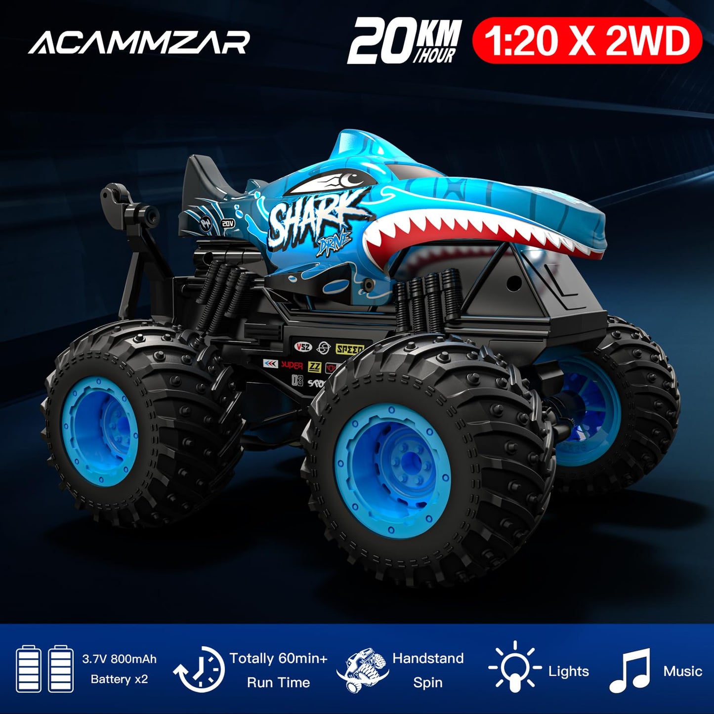 ACAMMZAR Remote Control Car, 2.4GHz 20+km/h RC Monster Truck with 2 Batteries 60 Mins+, RC Stunt Toy Car Spray Mist Music, for 6 7 8 9 10 Year Old Kids Adults, Red