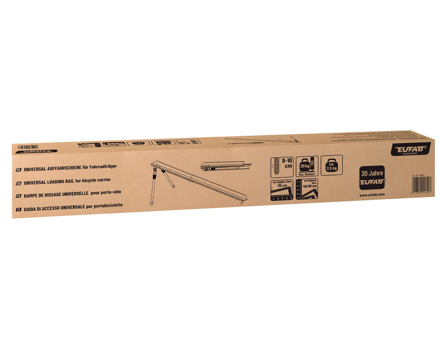 EUFAB 11640 Universal loading ramp for bike carrier, approx. 115 cm, height adjustable from 40-60 cm, load capacity 30 kg, for tire width of 8-10 cm, foldable, black