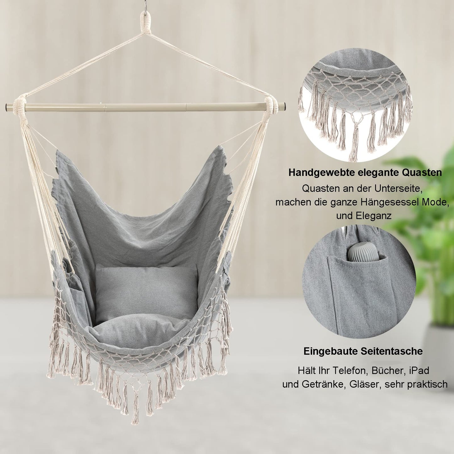 Hammock Chair Large hammock swing, 110 x 150cm Holds up to 150kg, Cotton hanging chair Hardwood spreader bar Wide seat swing chair