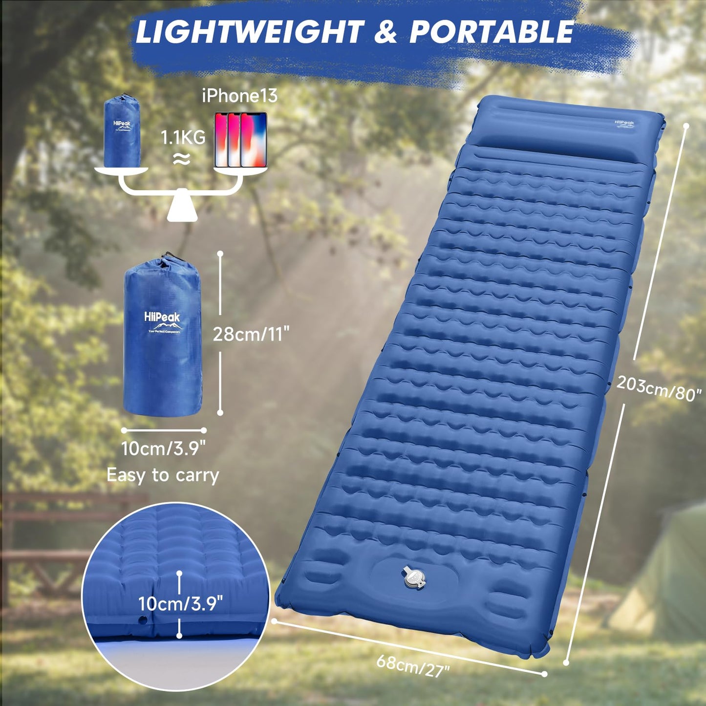 HiiPeak self-inflating camping mat 12cm thick with integrated pillow. Outdoor sleeping pad with small pack size and foot pump, inflatable air cells for high camping comfort.