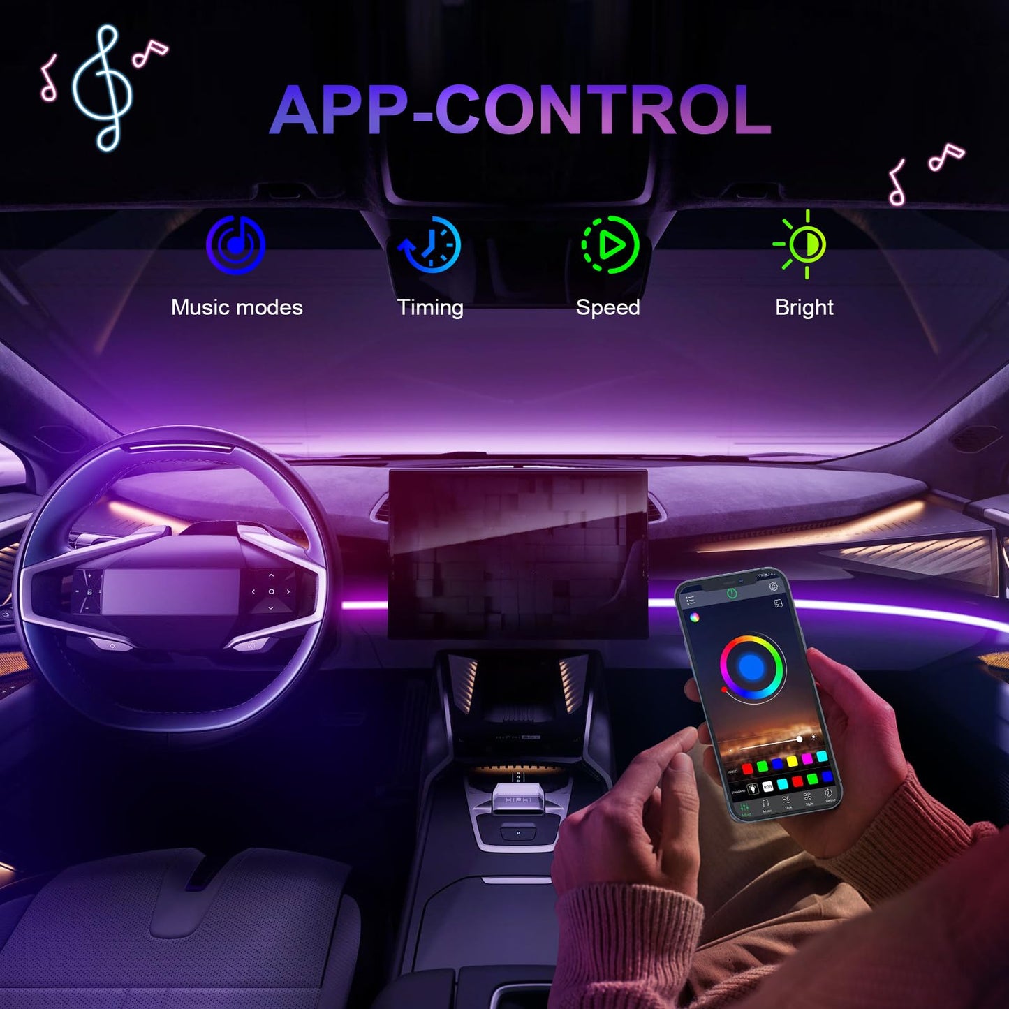 GPJYD Acrylic Car LED Interior Lighting, RGB Ambient Lighting Car Strip 110cm 146LEDs with 219 Scene Options, APP Control, USB Port Car interior lighting for gifts for men women