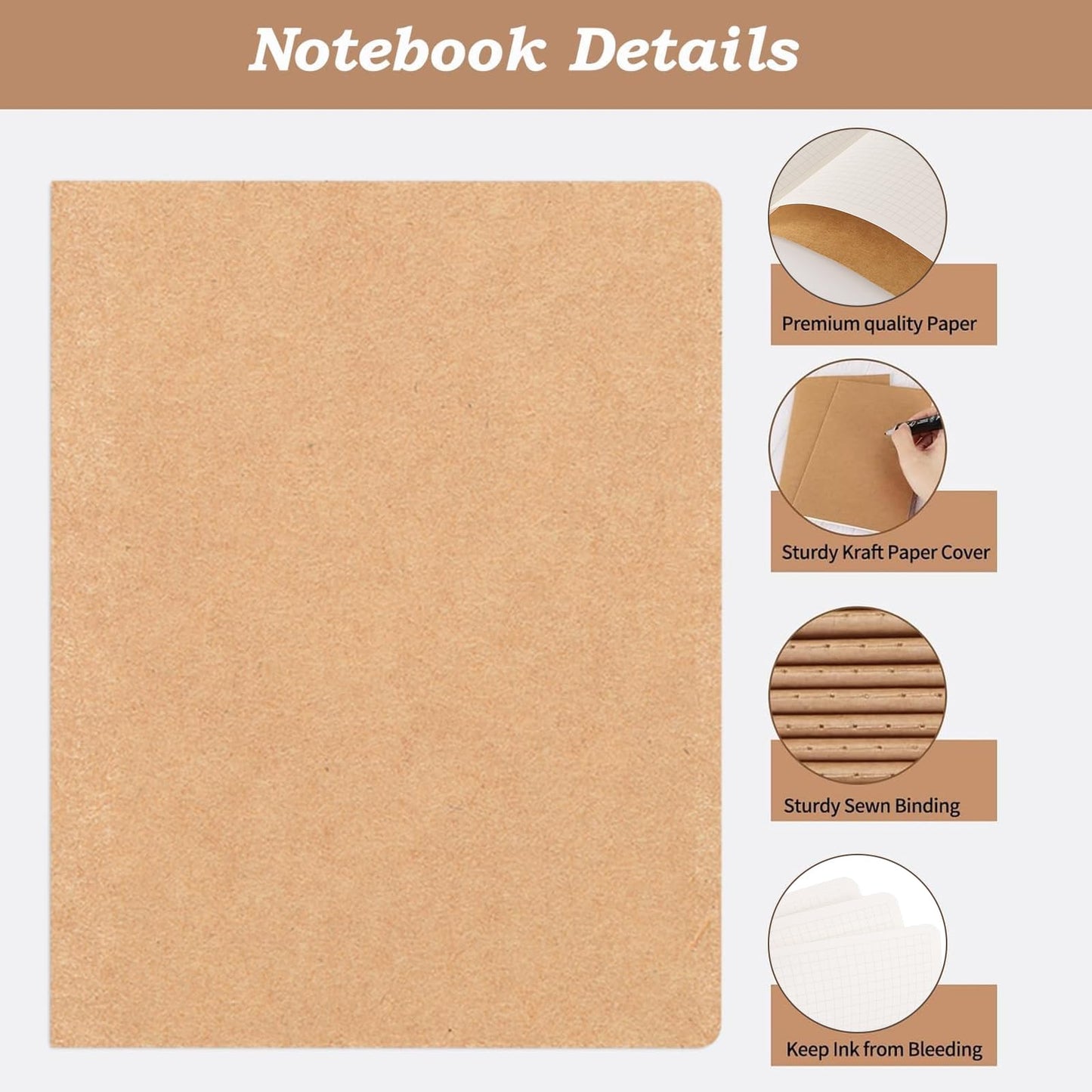 YBCPACK Kraft Grid Notebook A4, 6 Notebook Set, Grid Notepad with 64 pages (32 sheets), Notepad for office, school & travel (21.6x28cm)