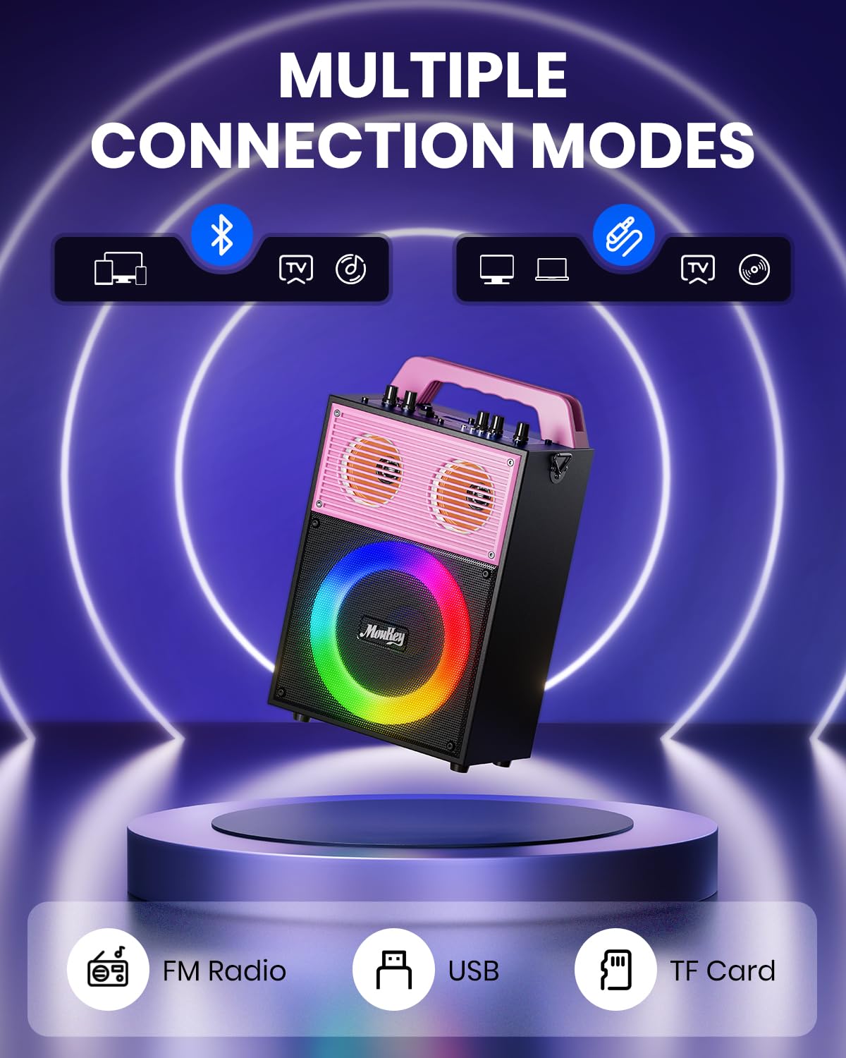 Moukey Karaoke Machine for adults and kids, portable PA system, Bluetooth party speaker with 2 wireless microphones and disco light, TWS/AUX/USB/TF/FM, Echo/Treble/Bass adjustment - MPS4 Pink