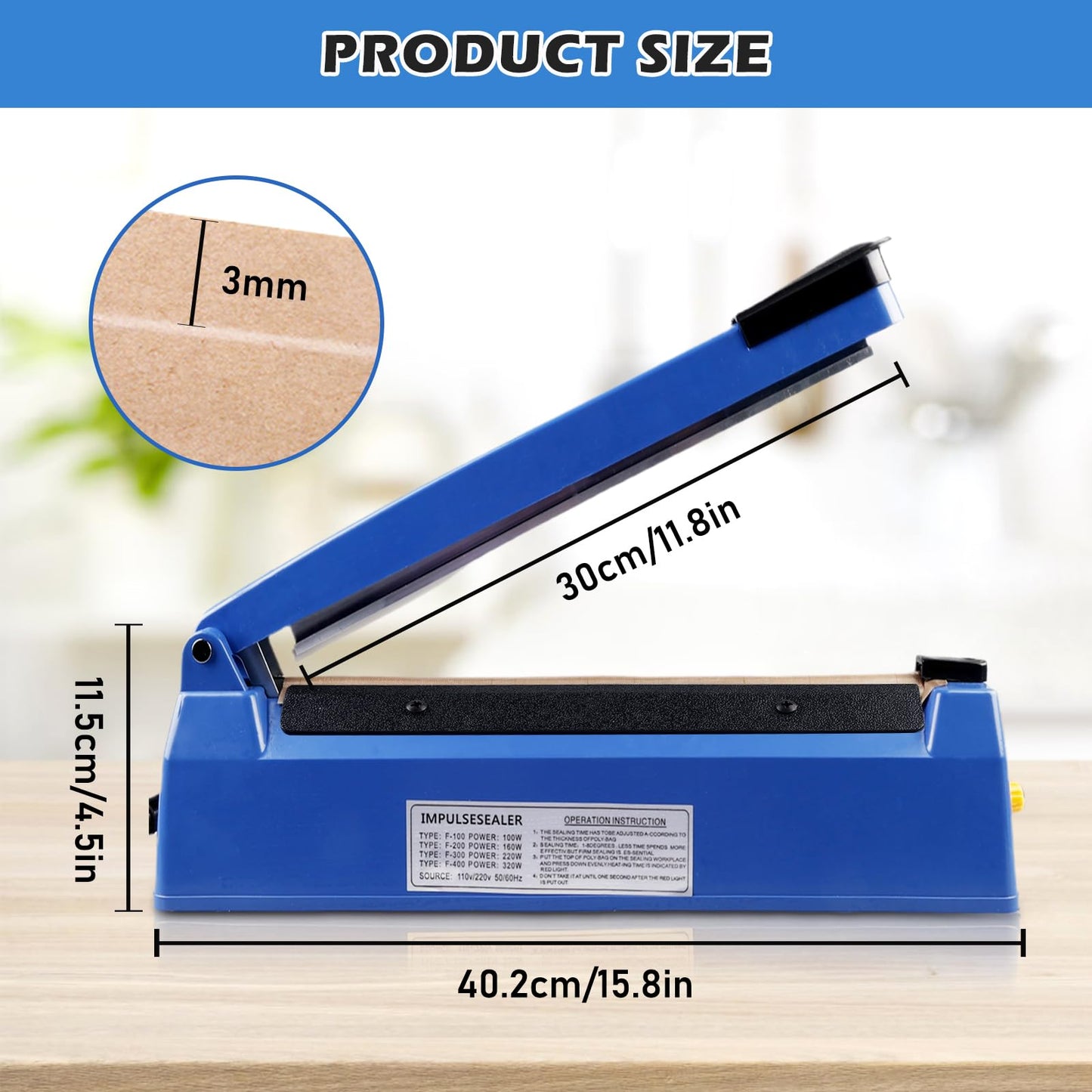 300 mm film sealing machine - Hand-operated sealer with 3 mm sealing width, 8-level temperature control, suitable for plastic bags, aluminum foil bags, kraft paper bags Blue