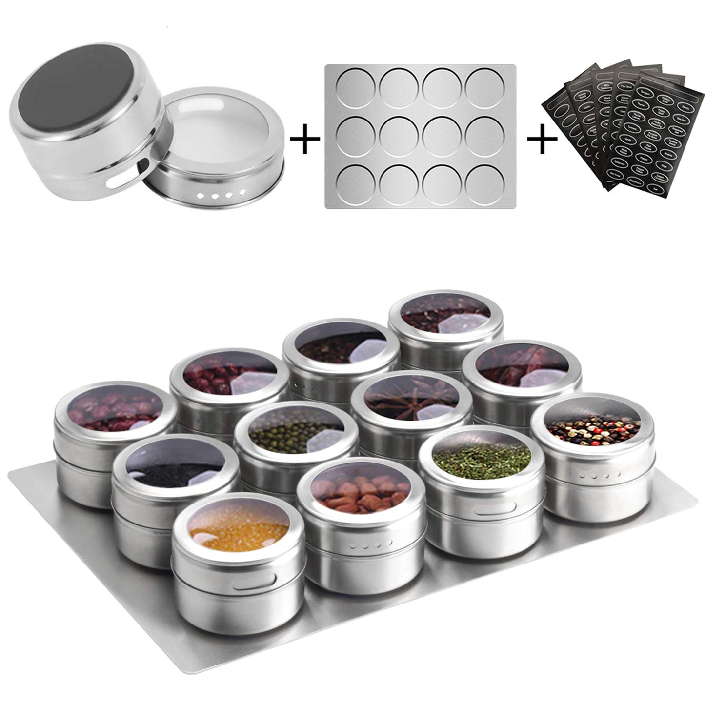 Aiyola magnetic spice jars 12-piece set with wall base, stainless steel lids easy to clean includes 120 labeling stickers