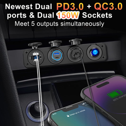 (4 in 1) PD 30W USB C 12V Socket: Switch Panel DC 12 Volt Car Type C Jack Waterproof USB Flush Mount Socket Outlet Cigarette Lighter Adapter Car Charger for iPhone Motorhome Boat Caravan