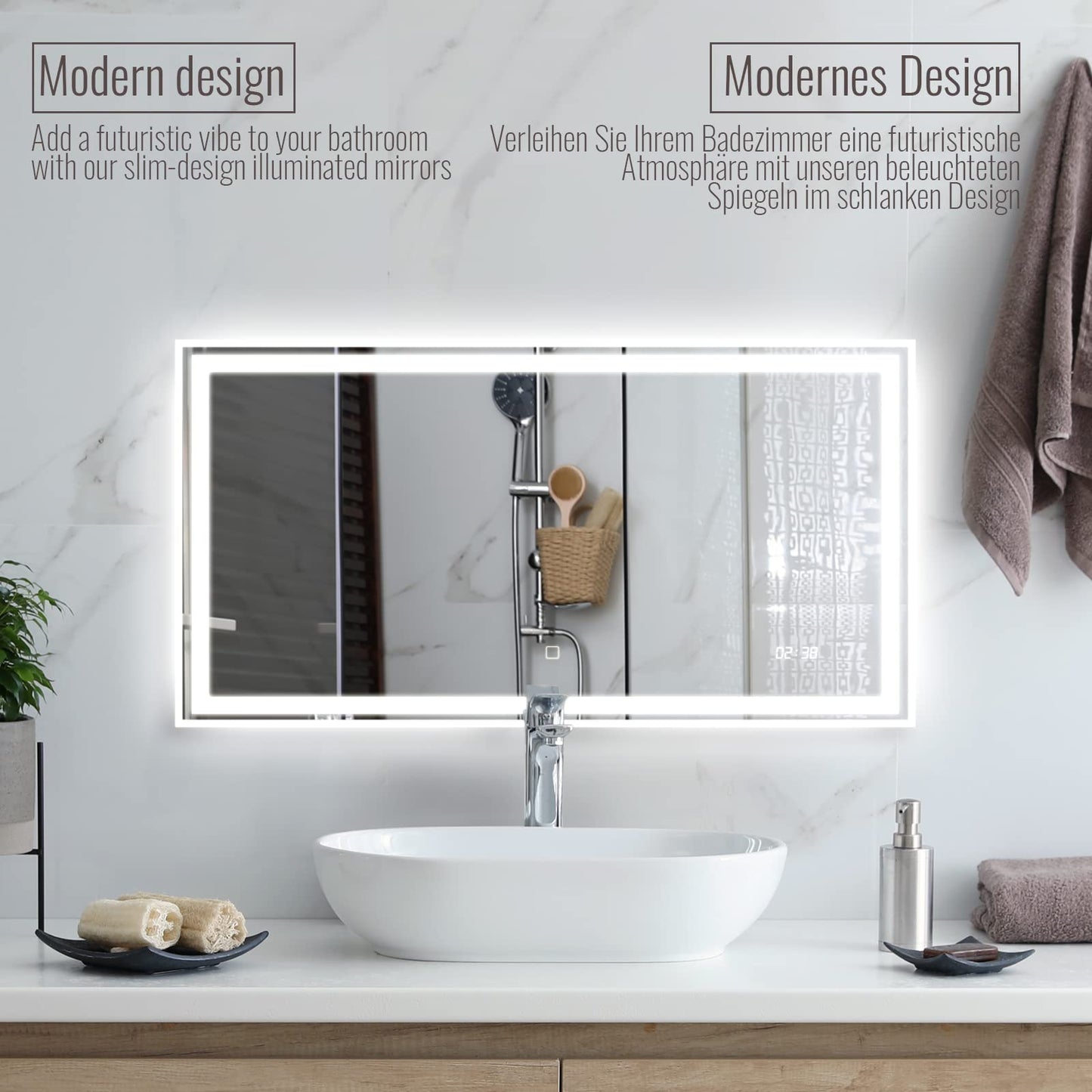 Aquamarin® LED Bathroom Mirror - 120x60 cm, Fog-free, Dimmable, Energy-saving, Digital Clock/Date, 3000-7000K - Bathroom mirror, LED mirror, light mirror, wall mirror for bathroom