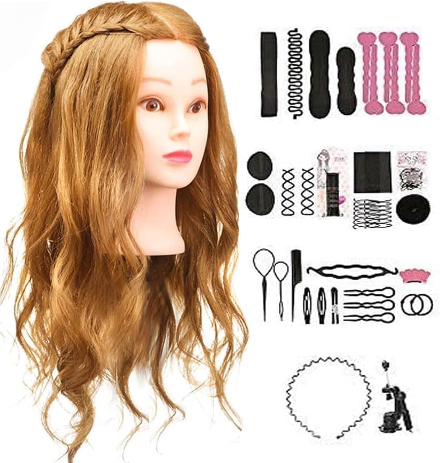 Practice head, TwoWin 80% real hair beauty school mannequin head with clamp stand and gifts - gold