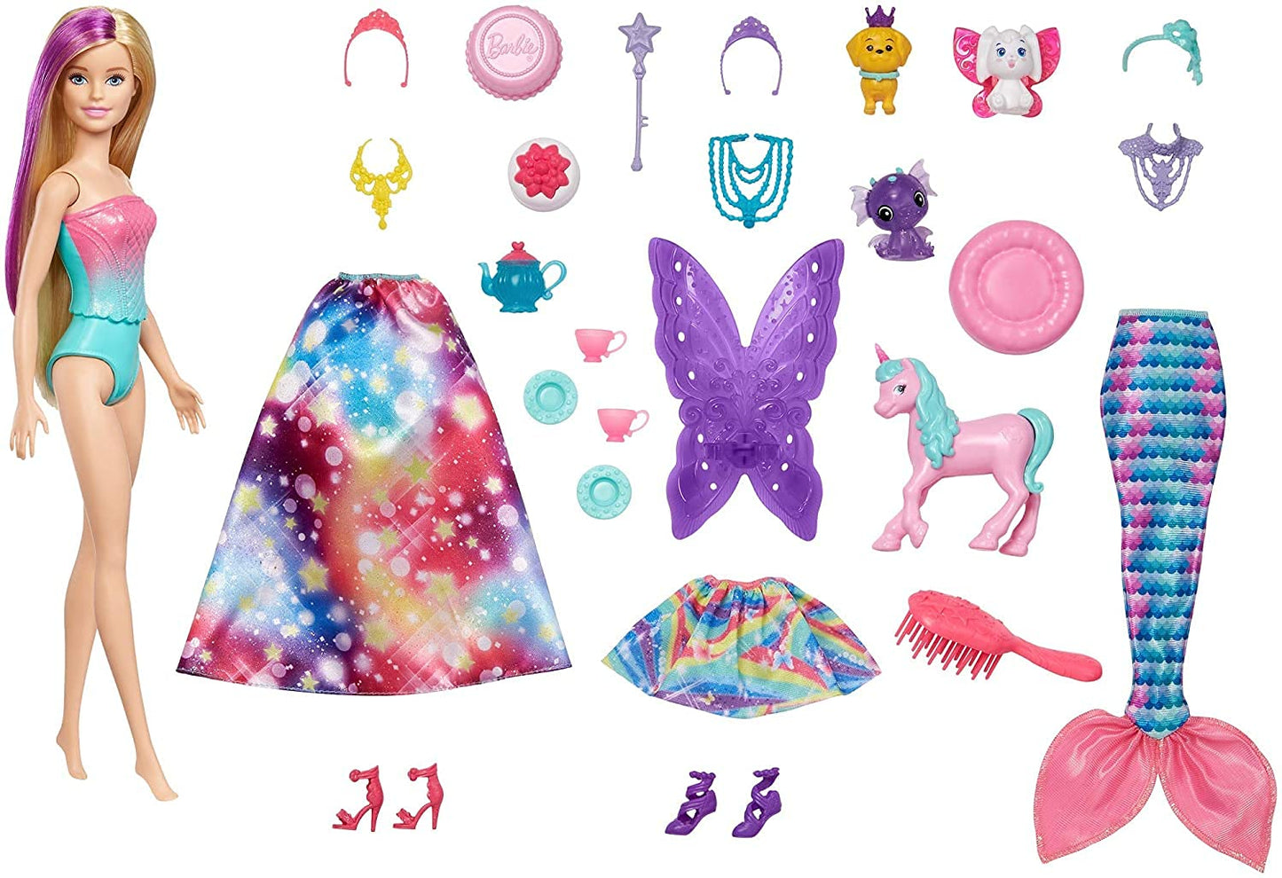 Barbie GJB72 - Dreamtopia Advent Calendar: Blonde doll, 3 princess fashions, 10 accessories, and 10 story-telling pieces, including 4 animals. Advent gift for kids ages 3 and up.