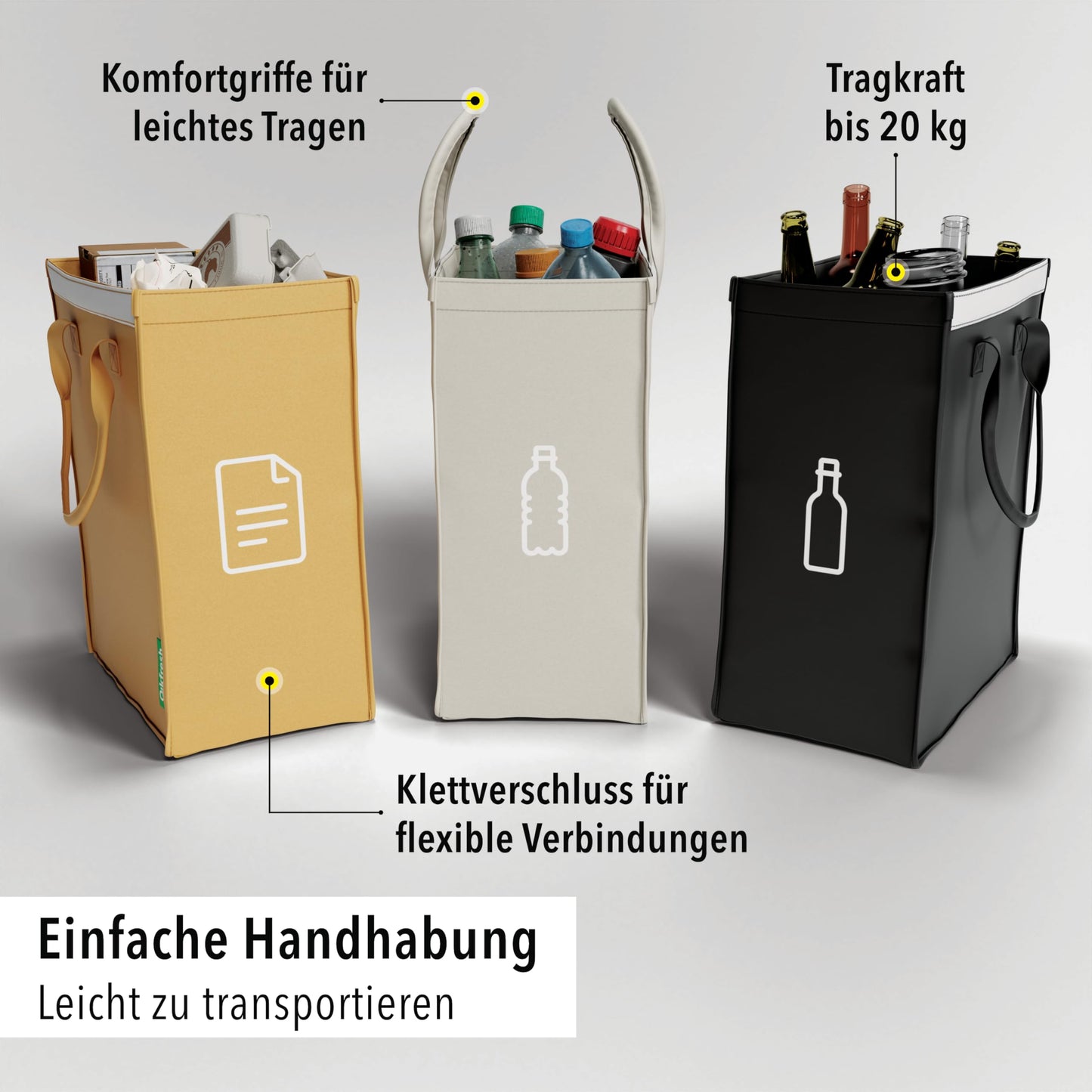 Quickfresh - Waste separation system 3-piece set - Collection containers for recycling glass, paper, plastic & deposits - Space-saving waste separation system for kitchen & household (Symbols only)