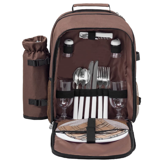 anndora picnic backpack with cooler compartment brown retro + accessories 15 pieces - 2 persons