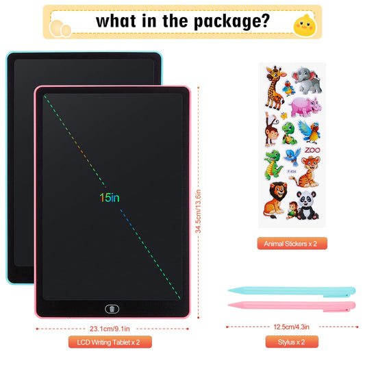 Damcyer 16 Inch LCD Writing Tablet for Kids 2 Pack, LCD Magic Drawing Board with Animal Stickers, Reusable Drawing Tablet for Kids and Adults Birthday Gifts Toy, Blue + Pink