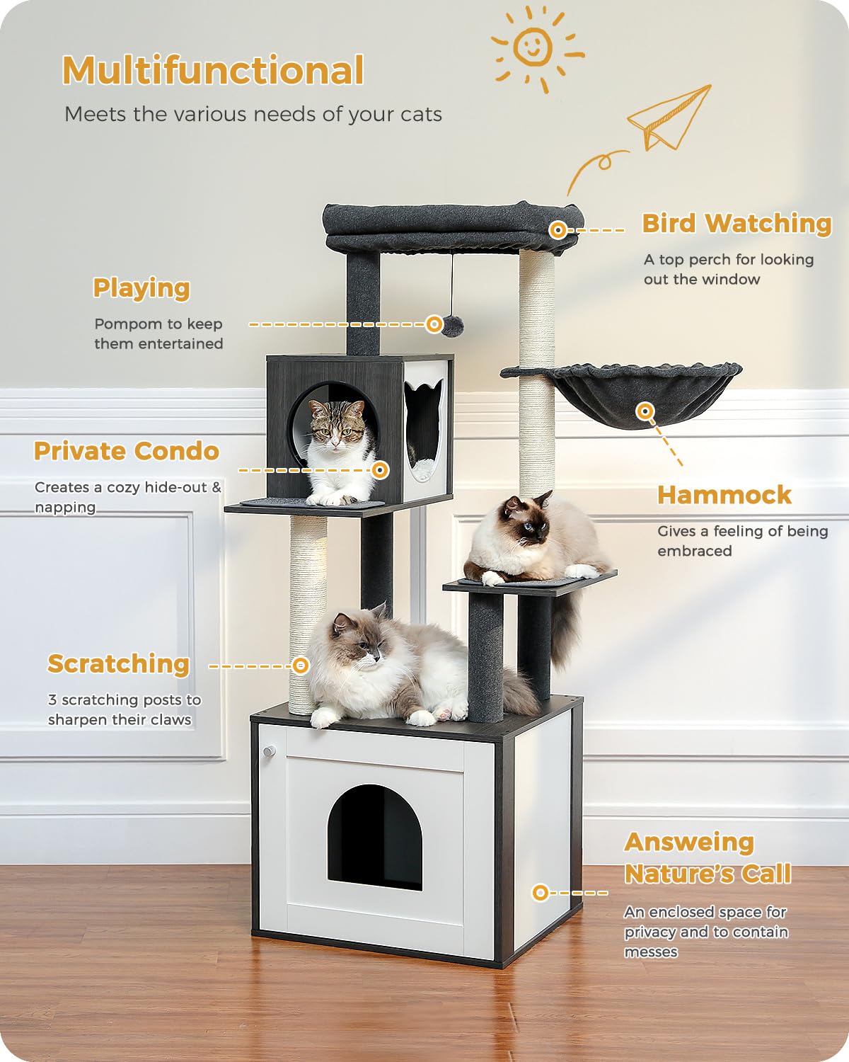 PAWZ Road Modern Cat Tree Wood Cat Tower with Storage Cabinet Cat Litter Enclosure and spacious Cat House Large top perch and hammock Black