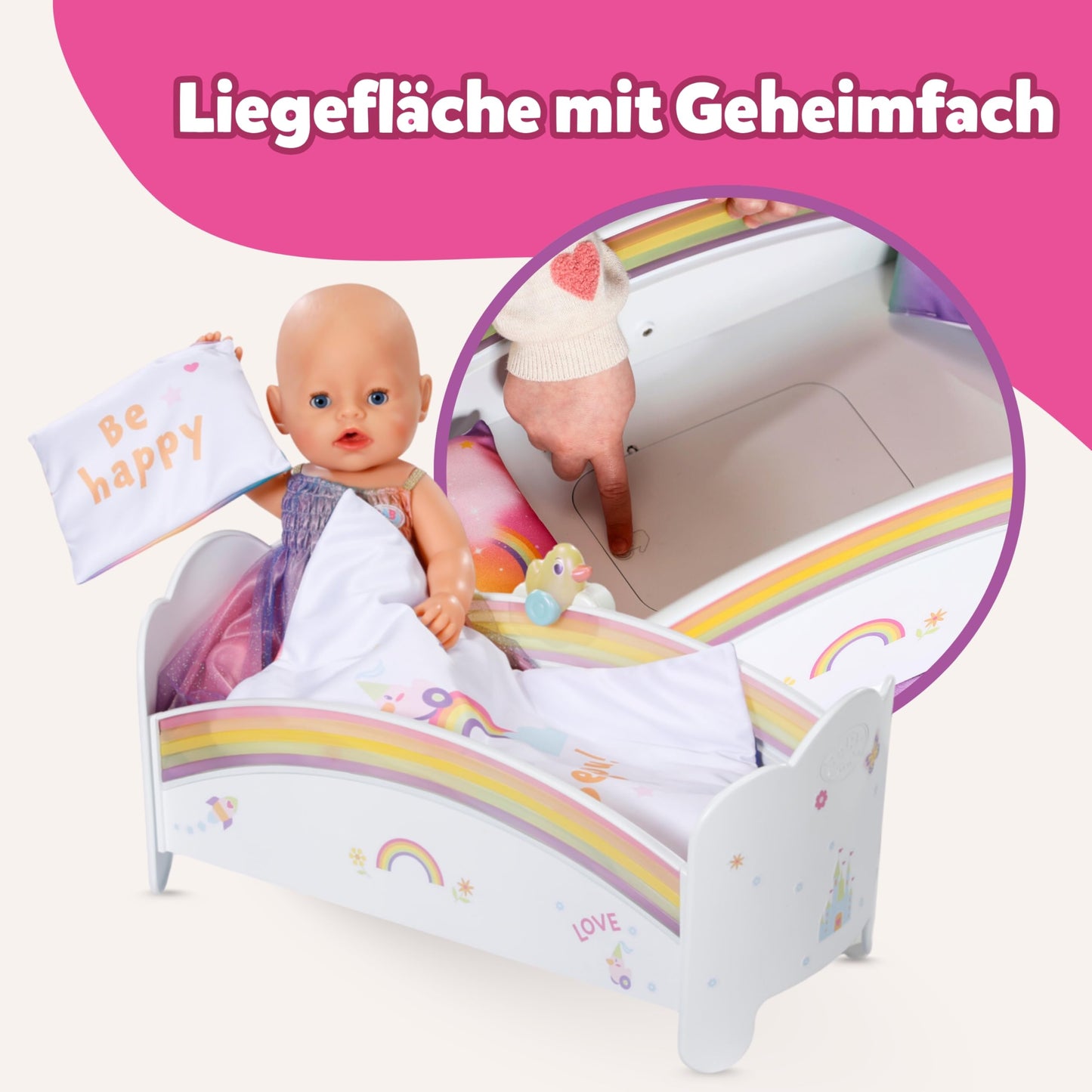 BABY born Rainbow Bed, doll bed with rainbow lights and soothing lullaby, includes reversible bedding, 835999 Zapf Creation