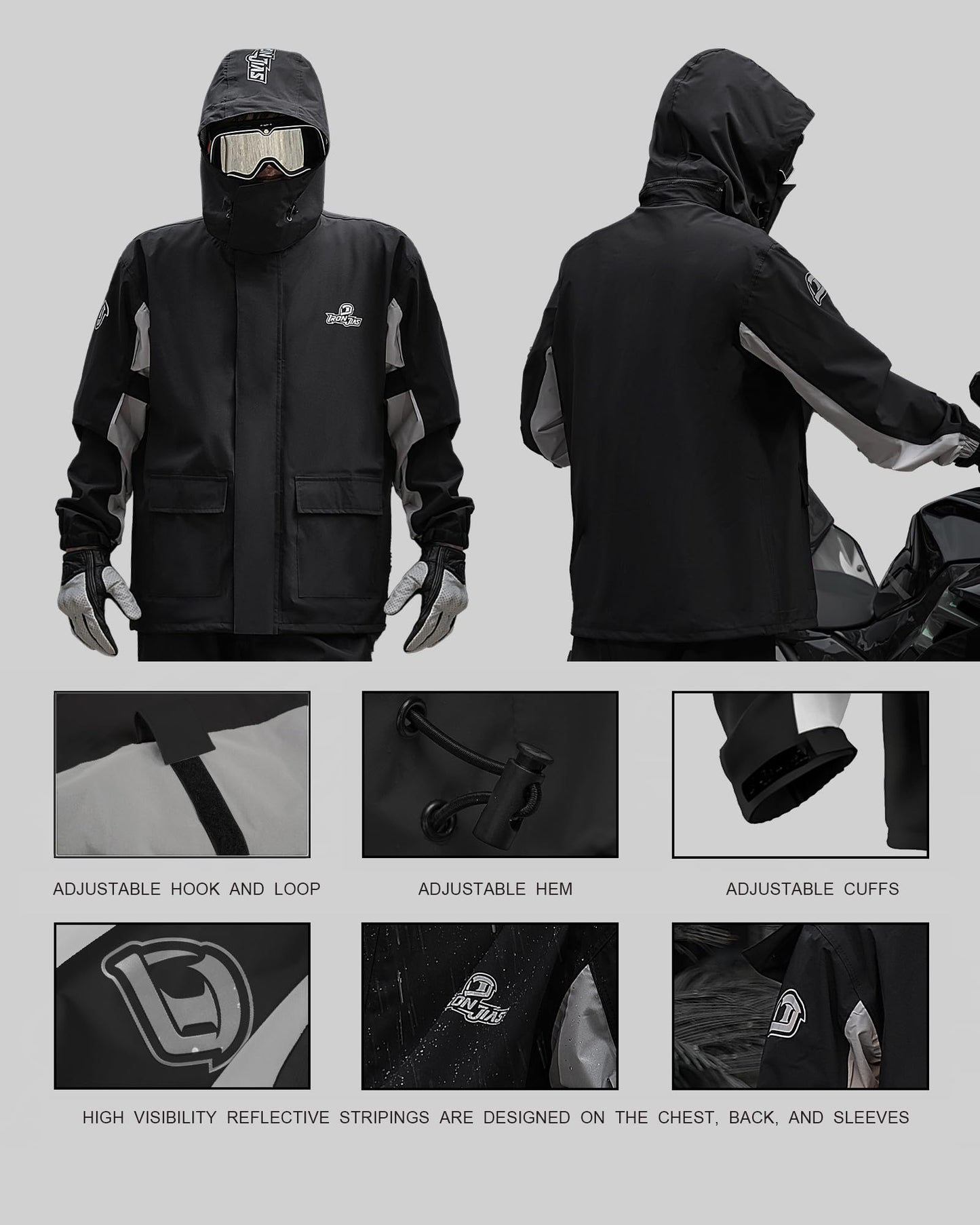 IRON JIA's men's motorcycle rain suit waterproof windproof breathable reflective with hood with zipper high-quality outdoor raincoat-black-L