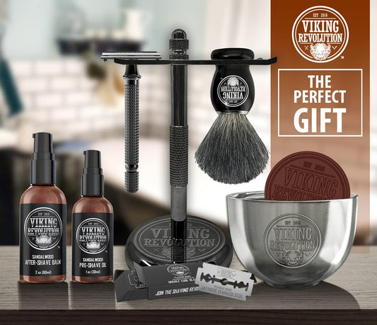 Viking Revolution - Luxury Shaving Kit for Men - Safety Razor with Double Edge, Stand, Bowl, After-Shave Balm, Pre-Shave Oil, Badger Brush, Men's Razor - Gifts for Men