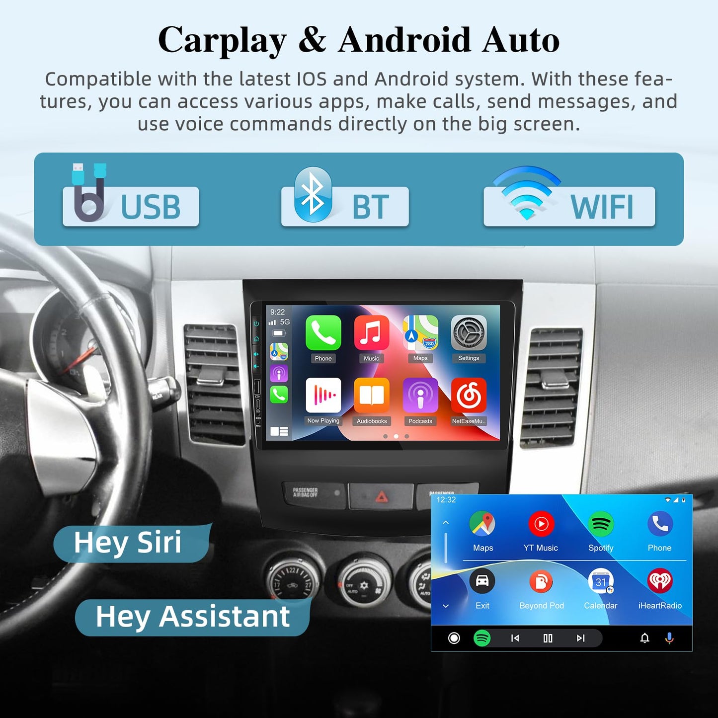 2+64G Android car radio for Mitsubishi Outlander 2/Peugeot 4007/Citroen C-Crosser 2008-2015 - 9 inch touchscreen car radio with Carplay & Android Auto - WiFi GPS Mirror Link