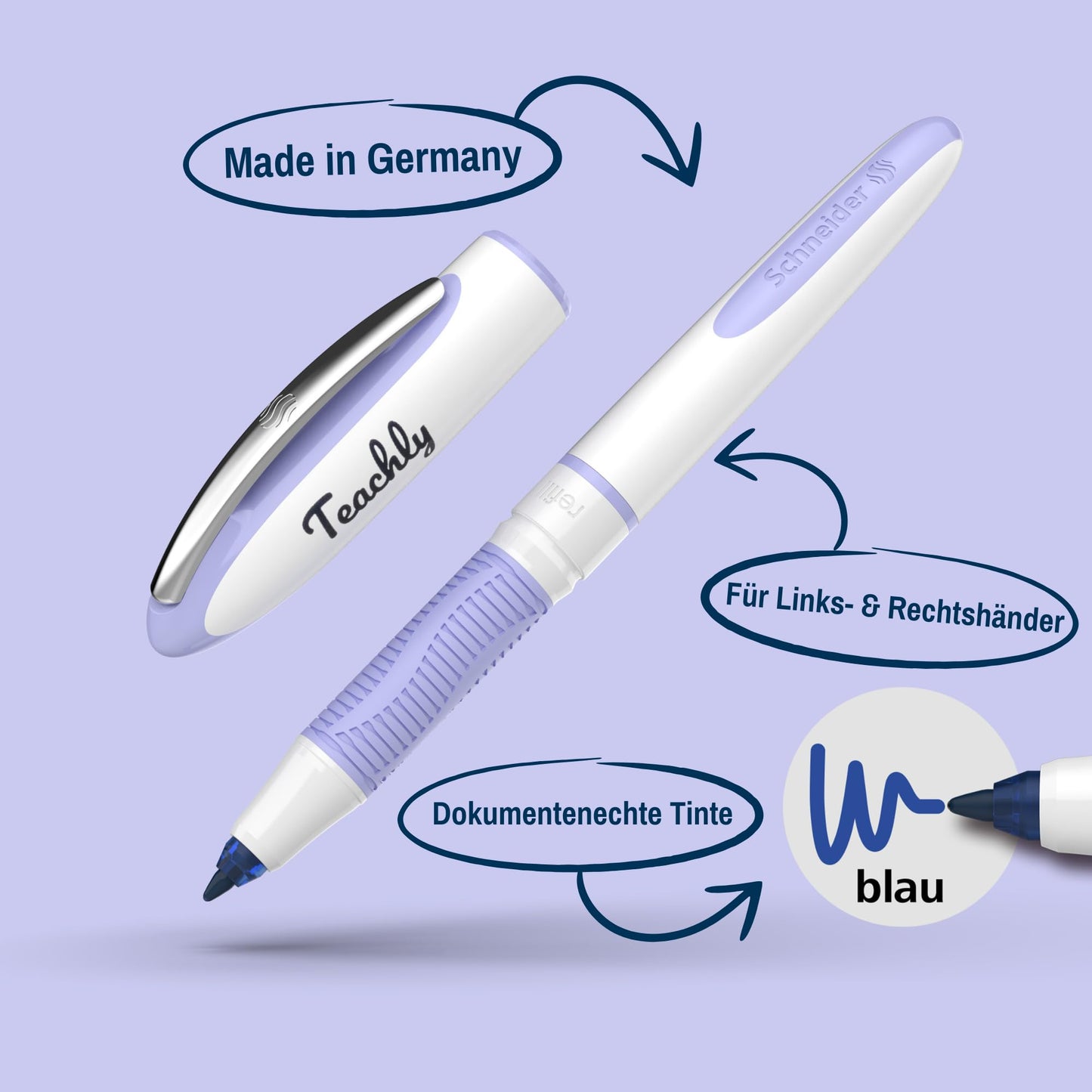 Teachly Superstudent Fountain Pen - Refillable pen for college, school & office (Lilac) - Includes 7 ink cartridges (Blue)