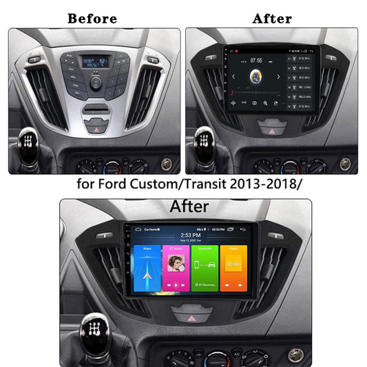 5G WiFi 8 Core 2+32GB Android 13 car stereo for Ford Tourneo Transit Custom 2013-2018 9" touchscreen headunit supports Bluetooth, Wireless CarPlay, Android Auto, GPS navigation with camera.