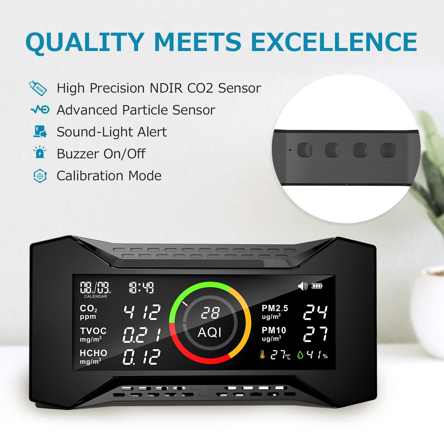 Therm La Mode air quality monitor, CO2 monitor room air with TVOC PM2.5 PM10 AQI HCHO Temp. Humidity AQI, air quality monitor & air quality detector with NDIR sensor carbon dioxide monitor
