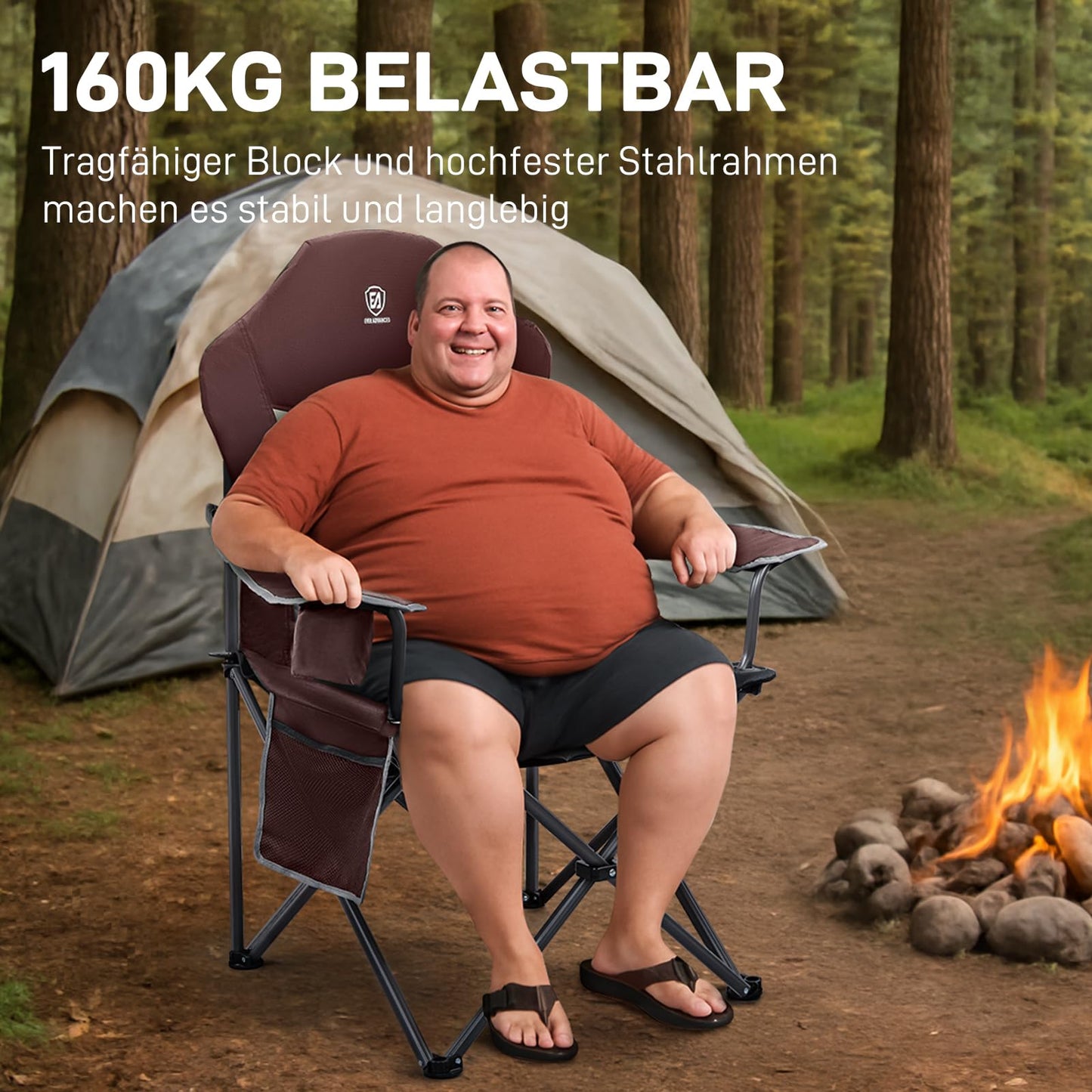 EVER ADVANCED Luxury Camping Chair Foldable 160KG Capacity Extra Large with High Backrest, Comfortable Folding Chair with Side Pockets & Cup Holder for Camping Garden Balcony Fishing, Outdoor Chair Fishing Chair