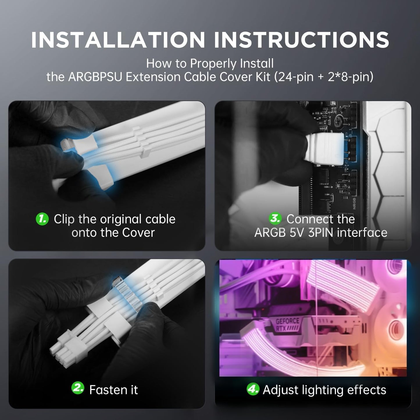 AsiaHorse ARGB PSU Cable Cover Kit, Aurora RGB Power Extension Cable Cover Kit for Motherboard and GPU PC Cables, 5V 3Pin ARGB SYNC, Compatible with 12+4-Pin/8-Pin/24-Pin Cables AURORA-CO-WH