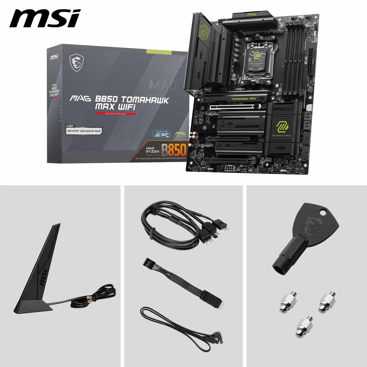 MSI MAG B850 Tomahawk MAX WiFi Motherboard, ATX - Supports AMD Ryzen 9000/8000/7000 processors, AM5-80A SPS VRM, DDR5 Memory Boost 8400+ MT/s (OC), PCIe 5.0 x16, M.2 Gen5, Wi-Fi 7, 5G LAN.