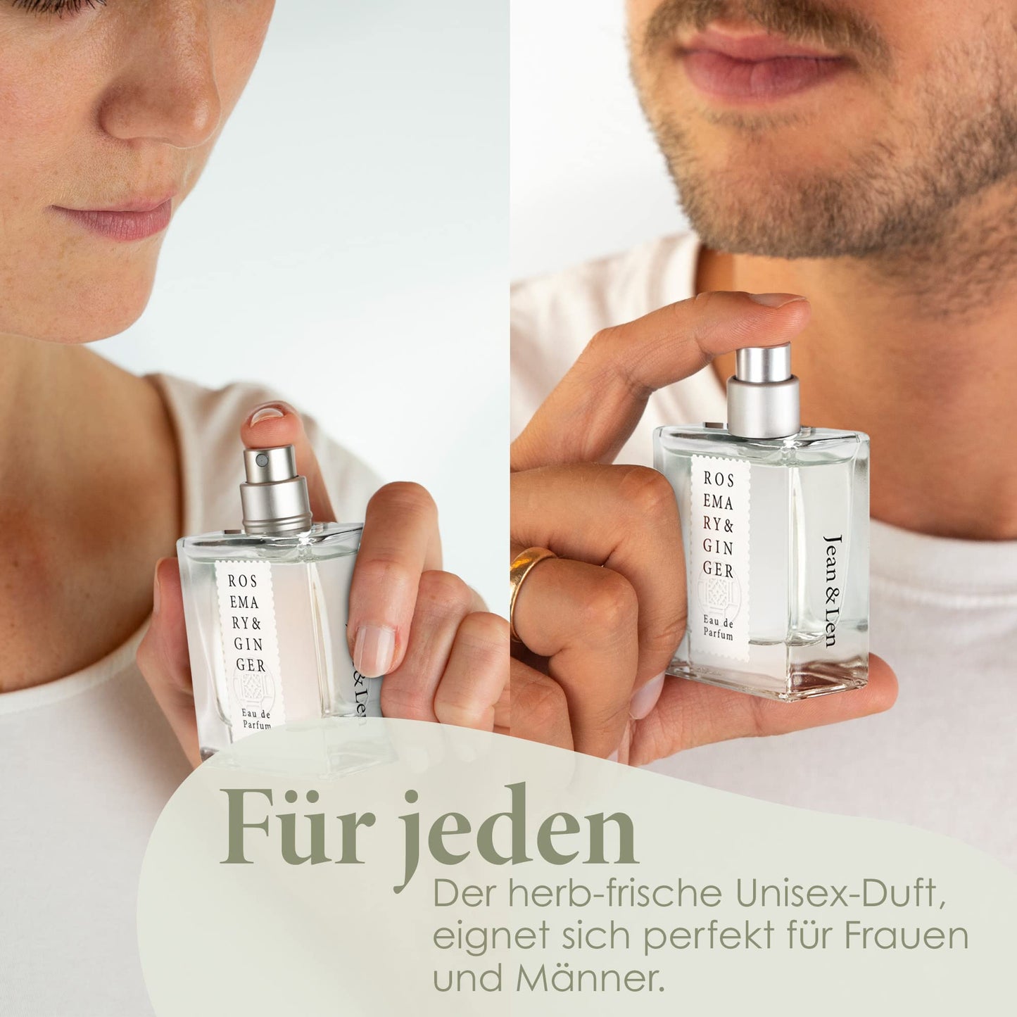 Jean & Len Rosemary & Ginger Eau de Parfum, spicy-fresh scent of rosemary & ginger, handmade in small batches, minimalist glass bottle, unisex fragrance, 50 ml.