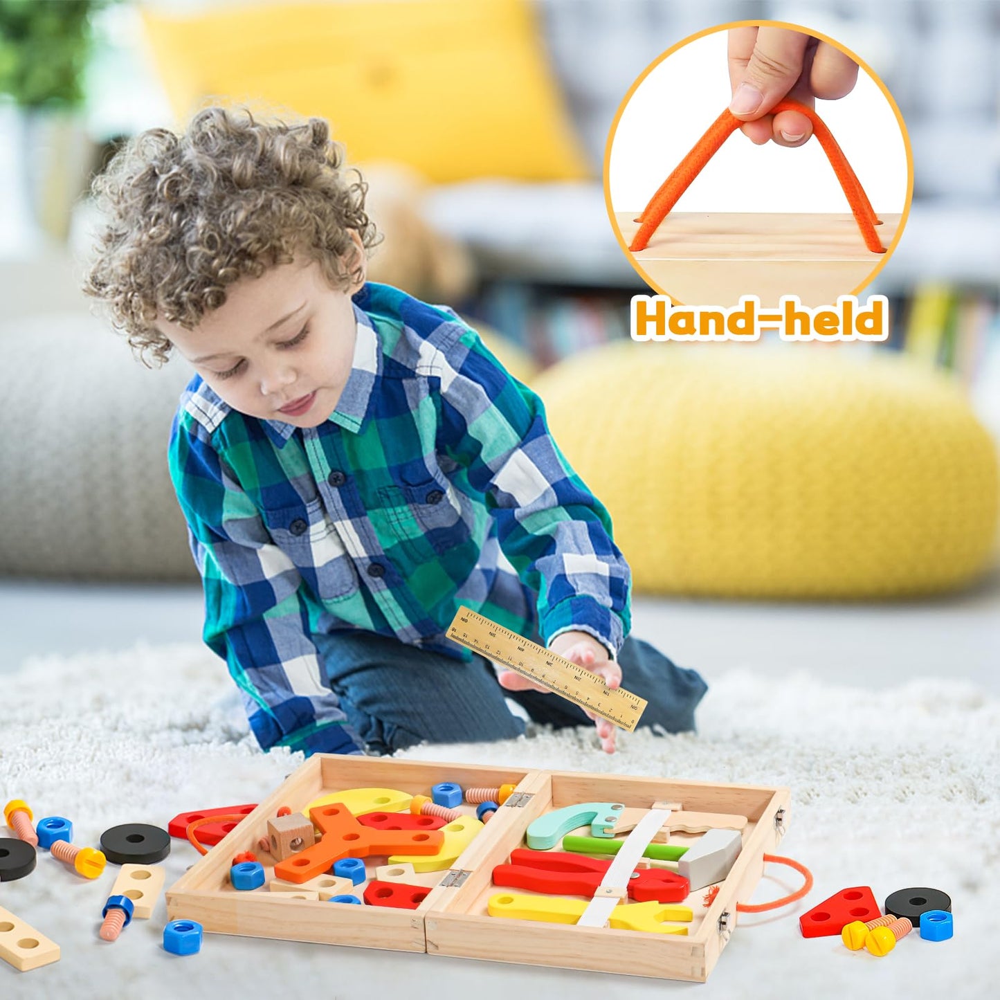 Rtomry Toys for Ages 3+ Tool Set for Kids Montessori Toys for Ages 3+ Boys Girls Wooden Role Play Toolbox Gifts for Kids