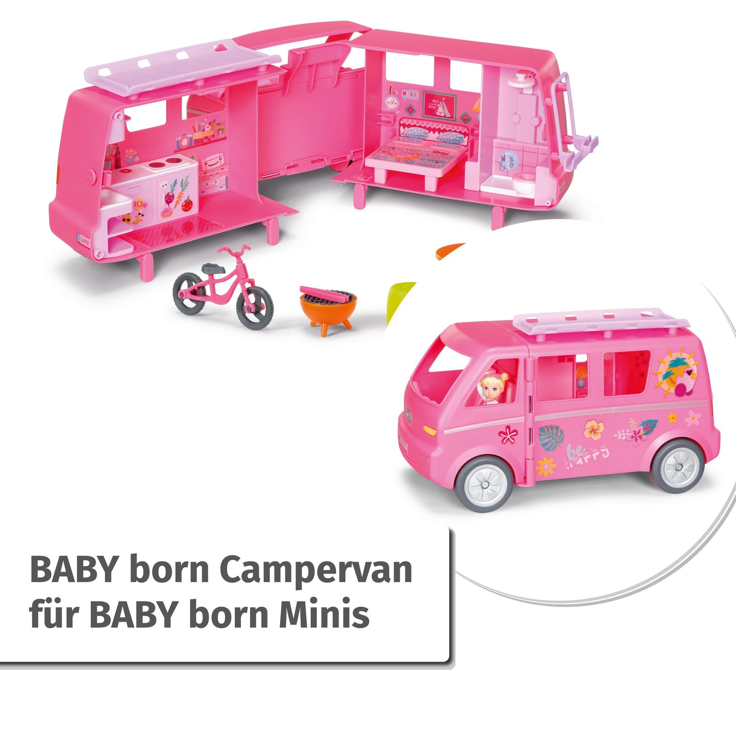 BABY Born, doll vehicle, fold-out caravan & Minis playset furniture set with wardrobe, clothes rail, bassinet, and changing table, 906163 Zapf Creation
