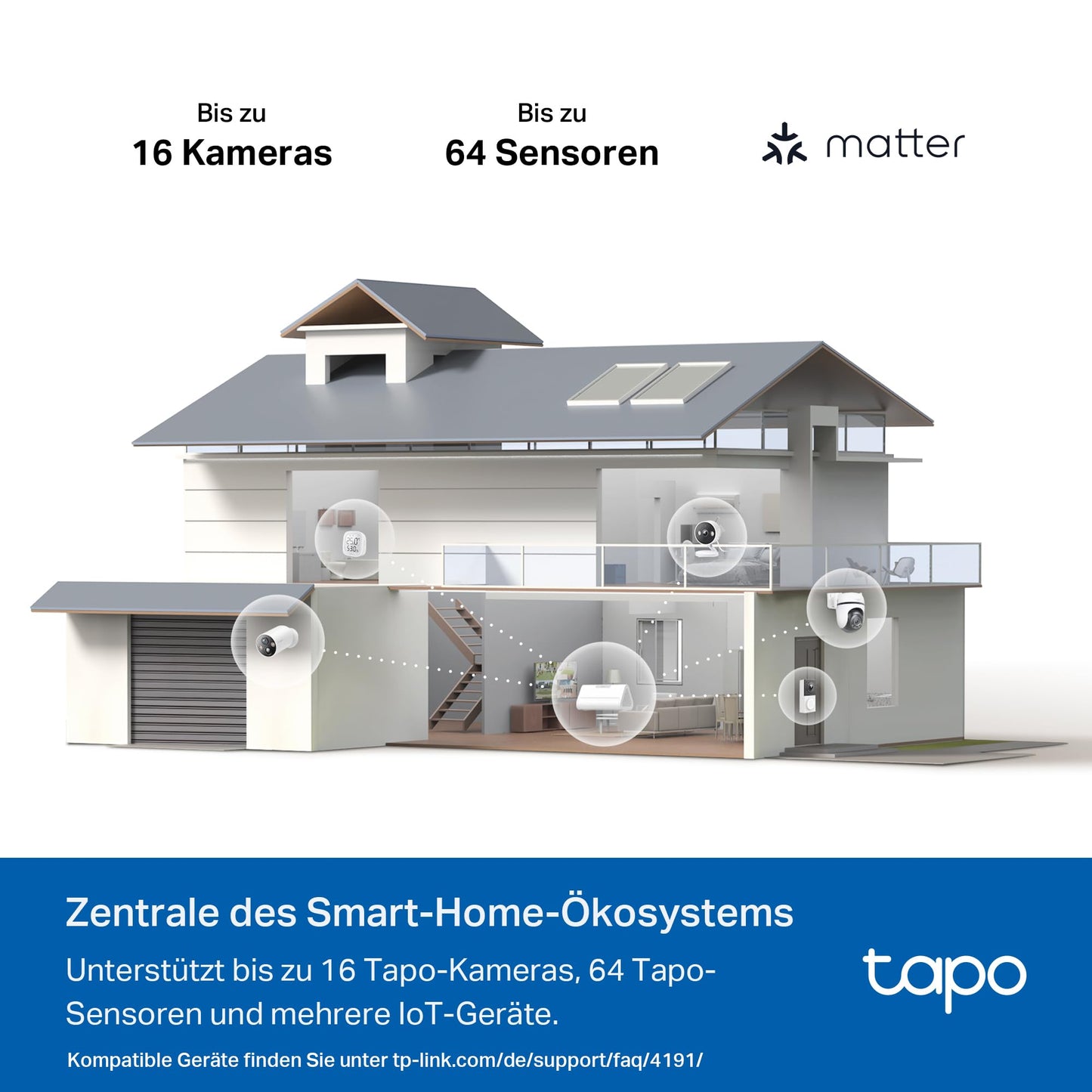Tapo H500 HomeBase, 16GB built-in, expandable storage up to 16TB, supports 16 Tapo cameras & 64 sensors, local storage, HDMI, 5 GHz WLAN/Ethernet, built-in alarm, Matter compatible.