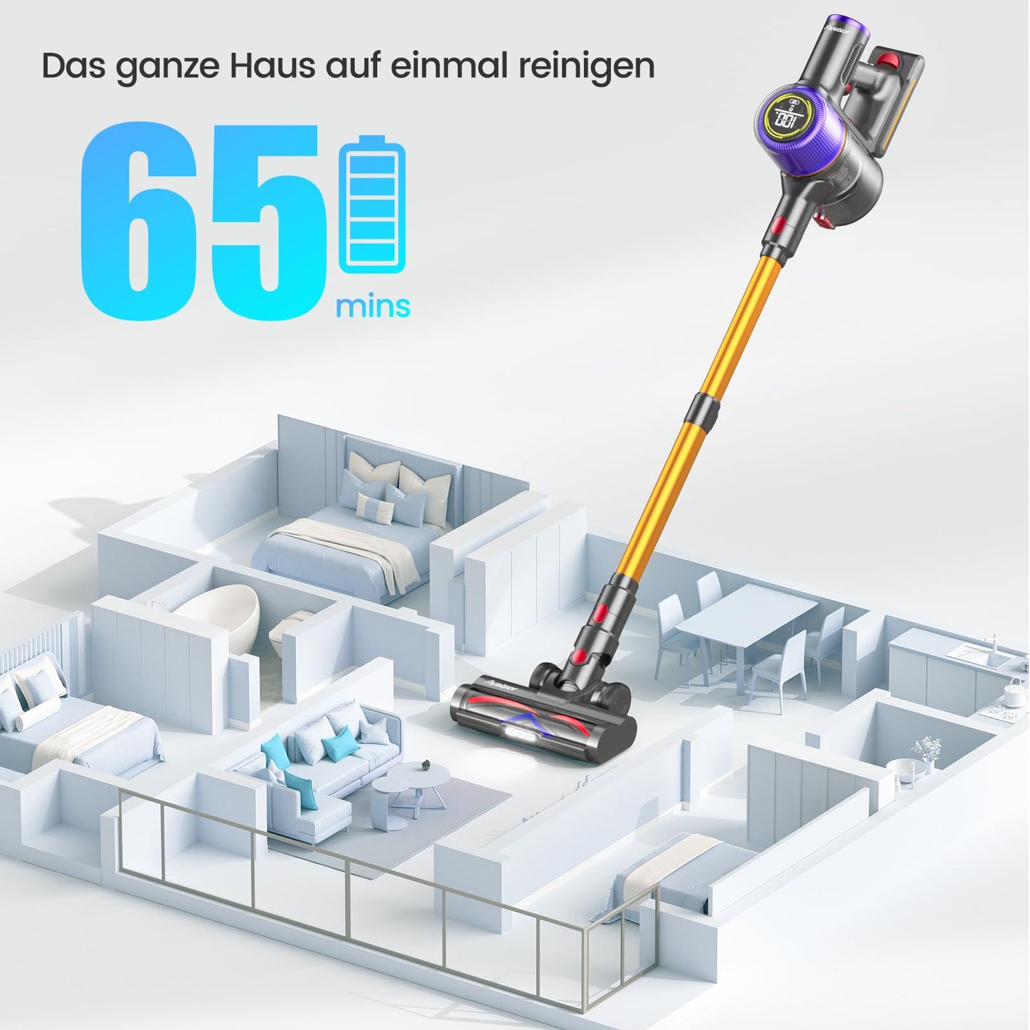 Avalsor 550W/45000Pa/65Mins Battery Vacuum Cleaner, Cordless Vacuum with Touchscreen and Anti-Tangle Brush, 1.5L Dust Container, 9-in-1 for Hard Floors, Carpets, and Pet Hair.