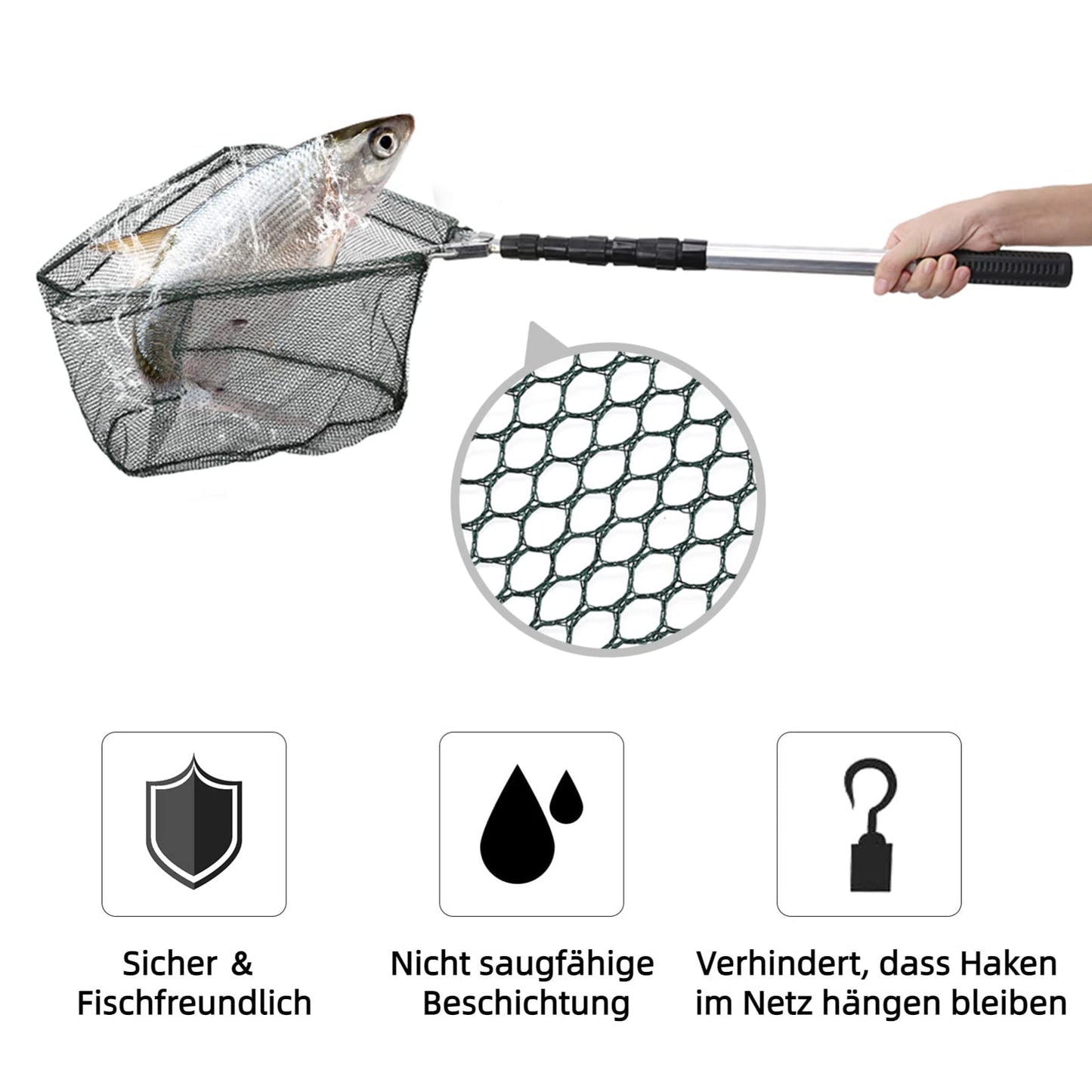 Folding telescopic fishing net 190cm, compact and portable for pond and carp fishing. Great outdoor fishing accessory for kids and adults.