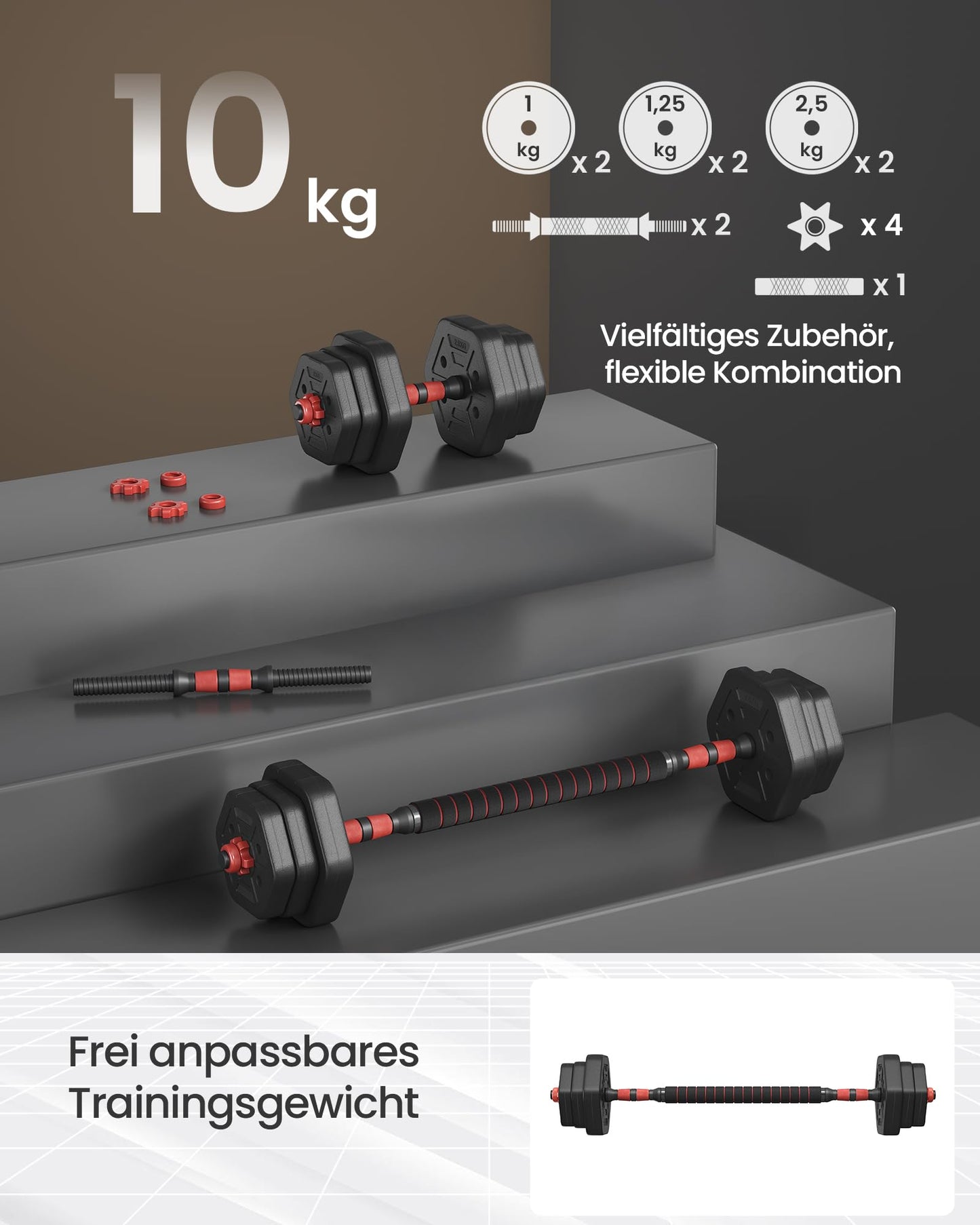 SONGMICS dumbbell set, dumbbells with connecting rod, hexagon, dumbbell set, 10 kg, for workout, fitness training, weightlifting at home, gym, ink black SYL100B01